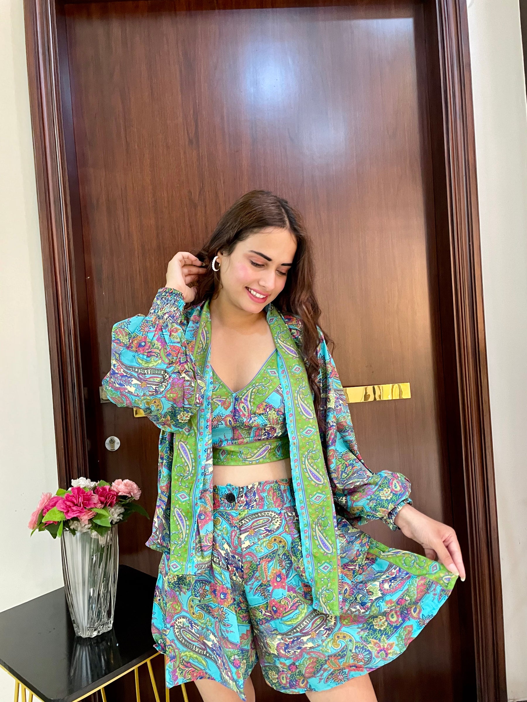 Puff Sleeves Kimono and Shorts Coordinate Set (3 Piece)- Tropical Teal