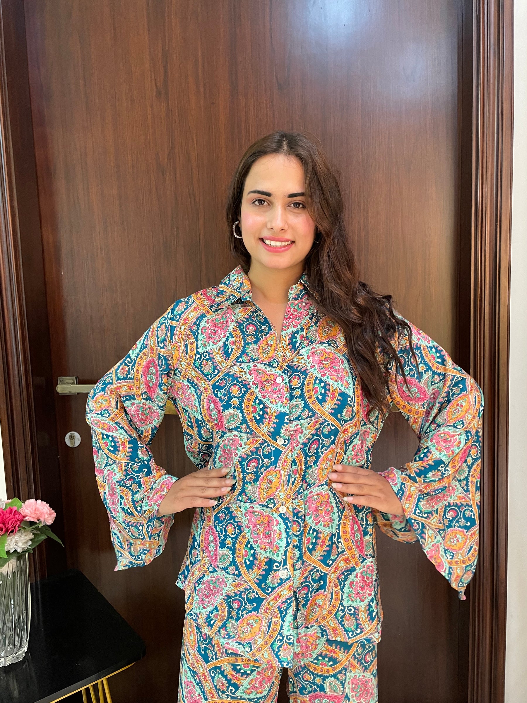 Boho Printed Bell Sleeves Coordinate Set - Oceanic Elegance ( Two - Piece)