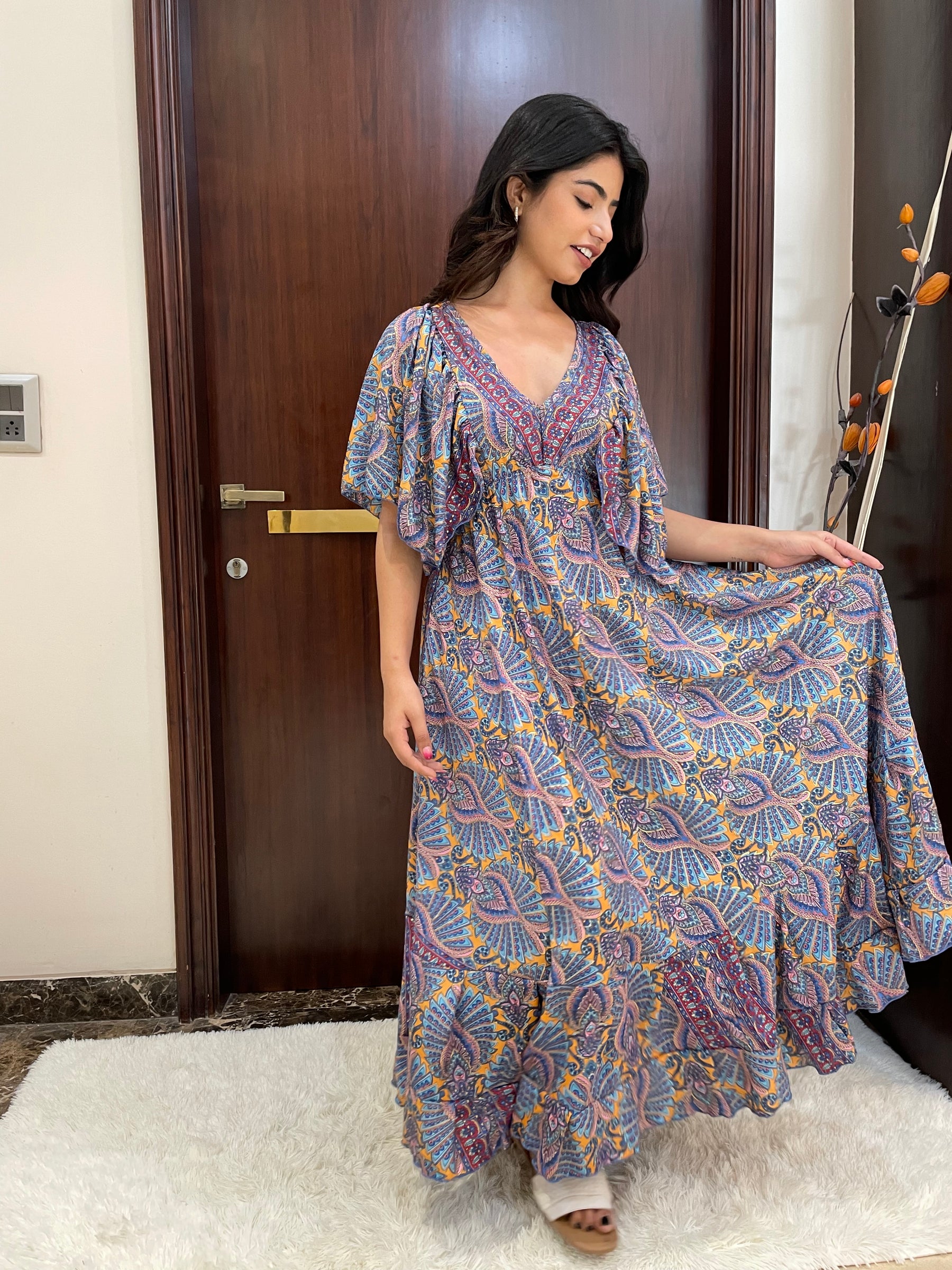 Deep V neck gold (foil) print featured boho maxi dress-Smisingbee