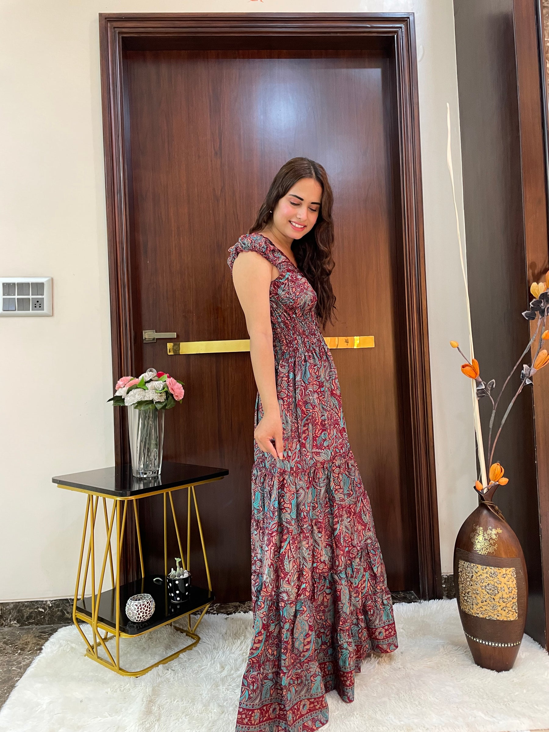 Classic Charm Boho Printed Maxi Dress - Cocoa Delight Dress