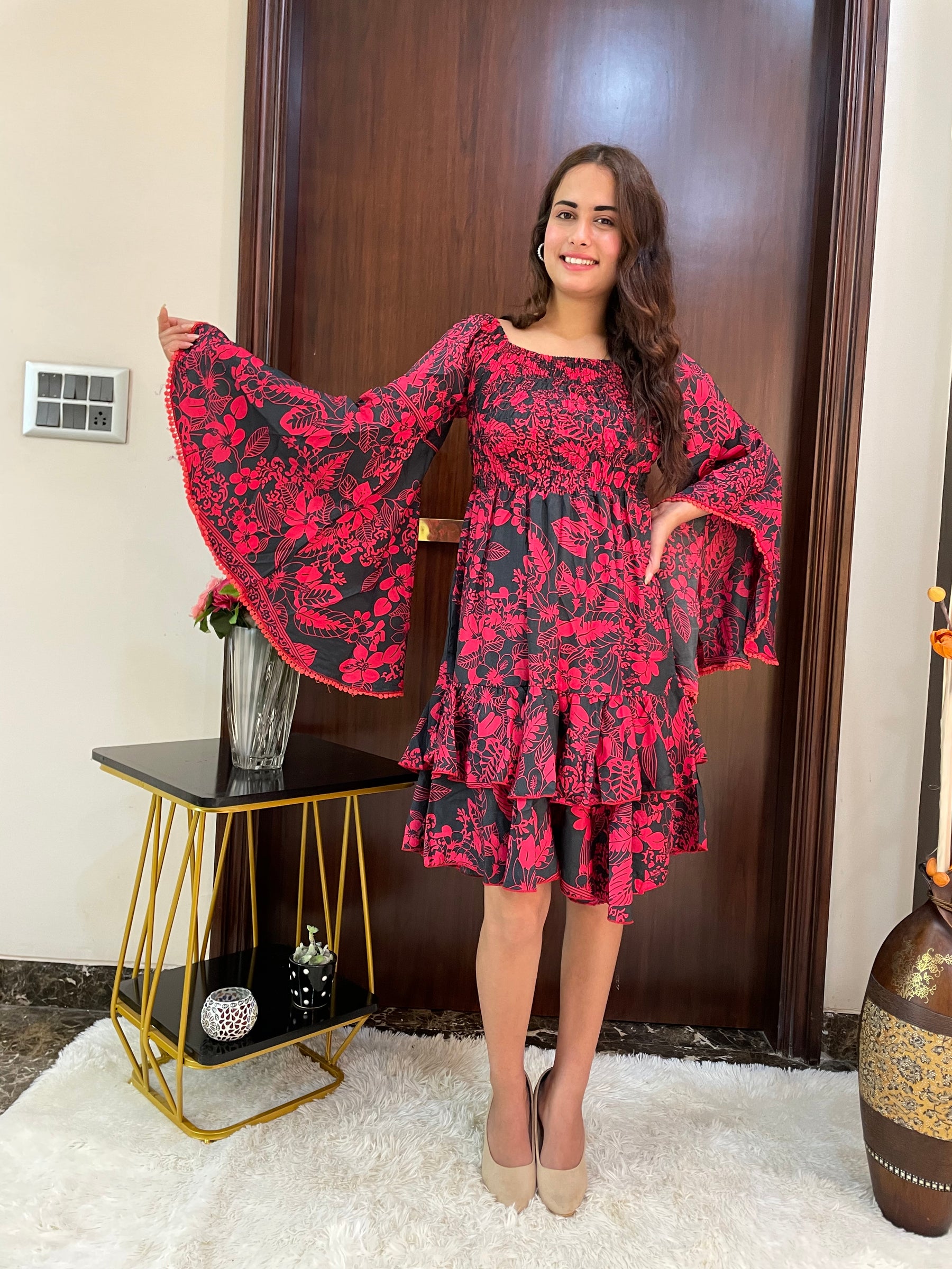 Elasticated Bust Bell Sleeves Boho Printed Short Dress - Red