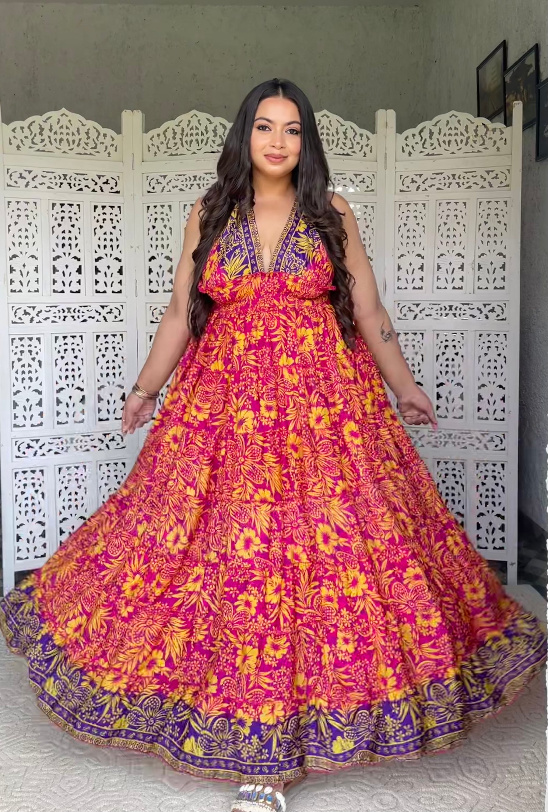 Halter Neck Multi Panel Boho printed Maxi Dress - Sunset Splendor