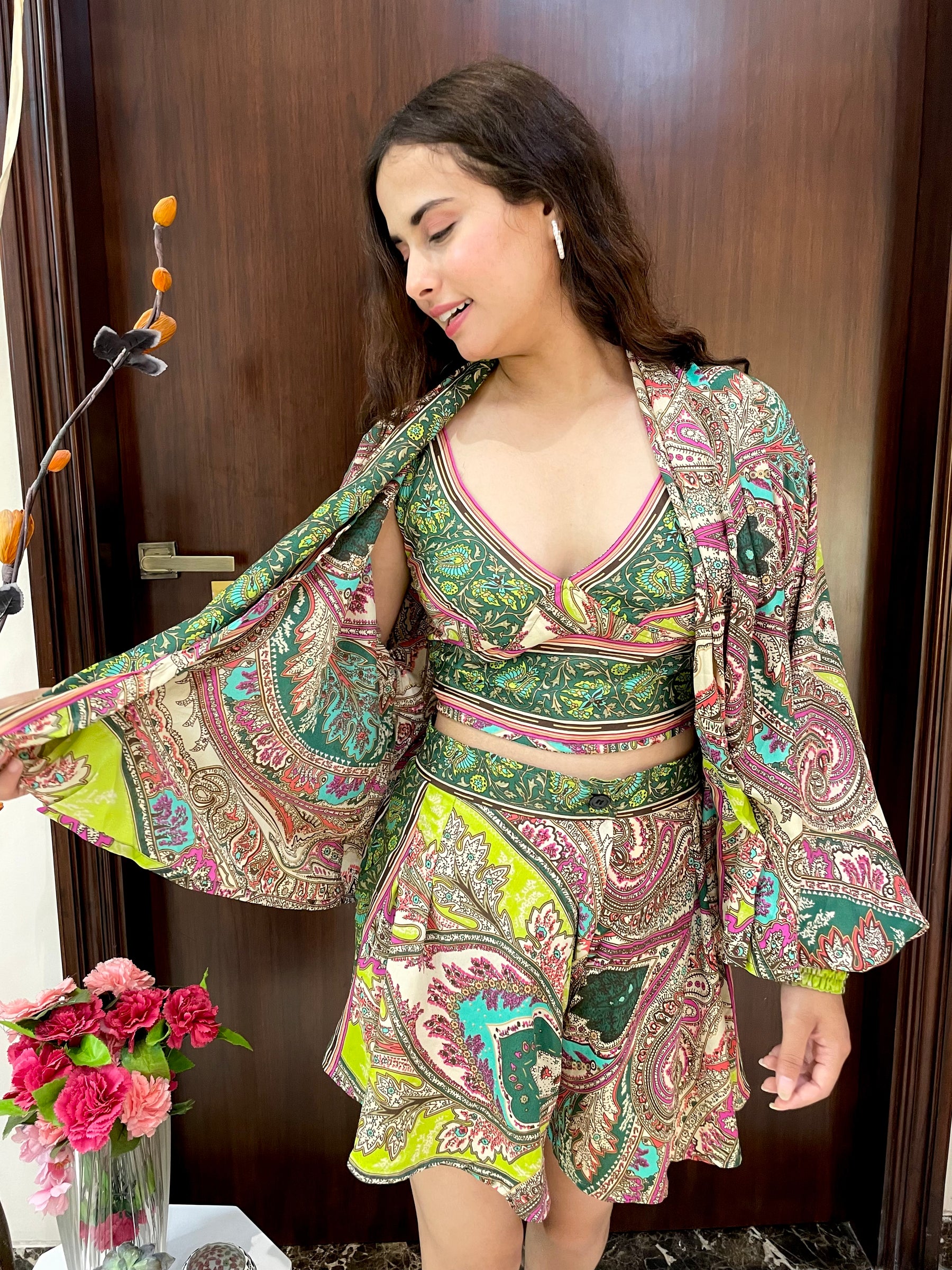 Puff Sleeves Kimono and Shorts Coordinate Set (3 Piece)- Green