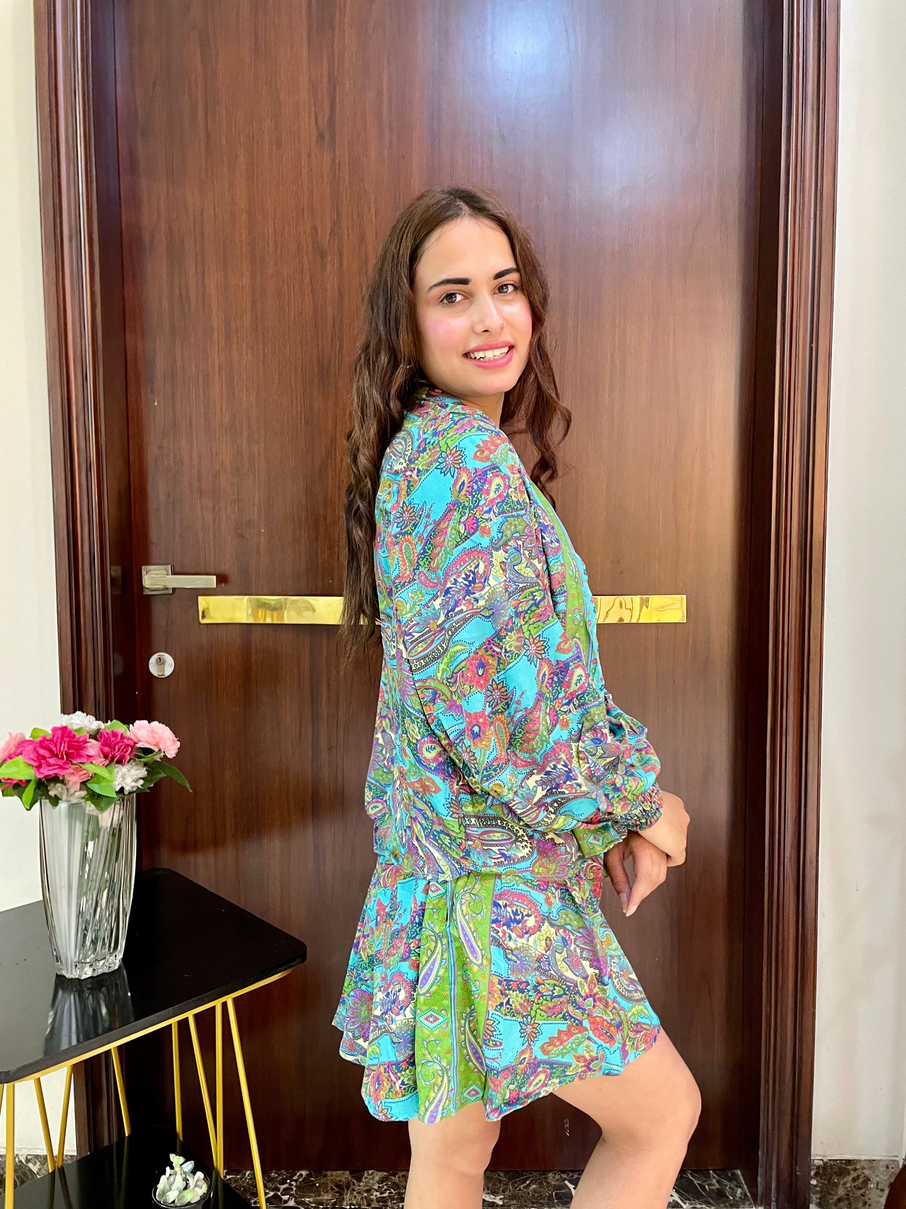 Puff Sleeves Kimono and Shorts Coordinate Set (3 Piece)- Tropical Teal