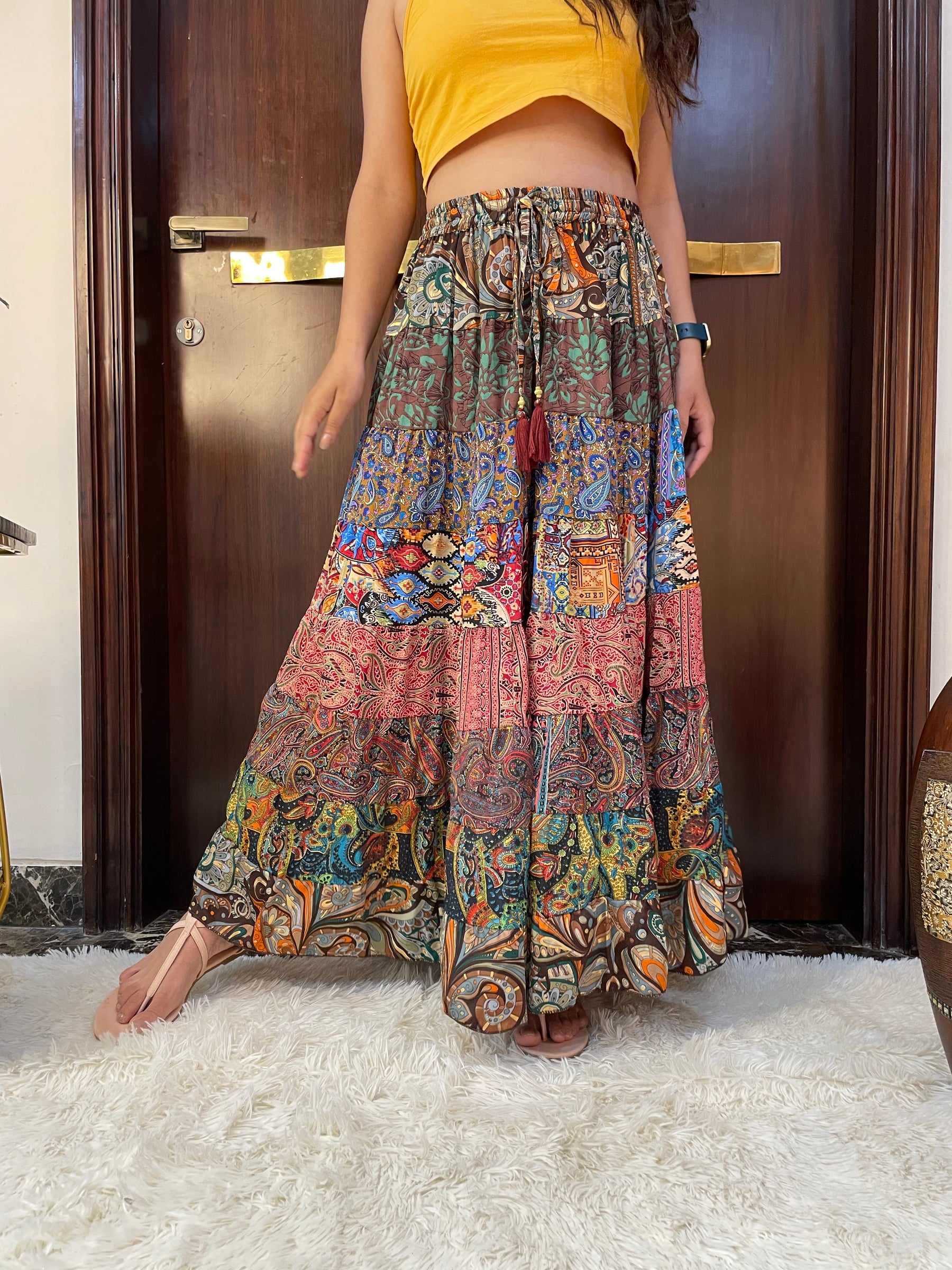 Multi Panel Boho Printed Long Skirt - Chromatic Nightfall