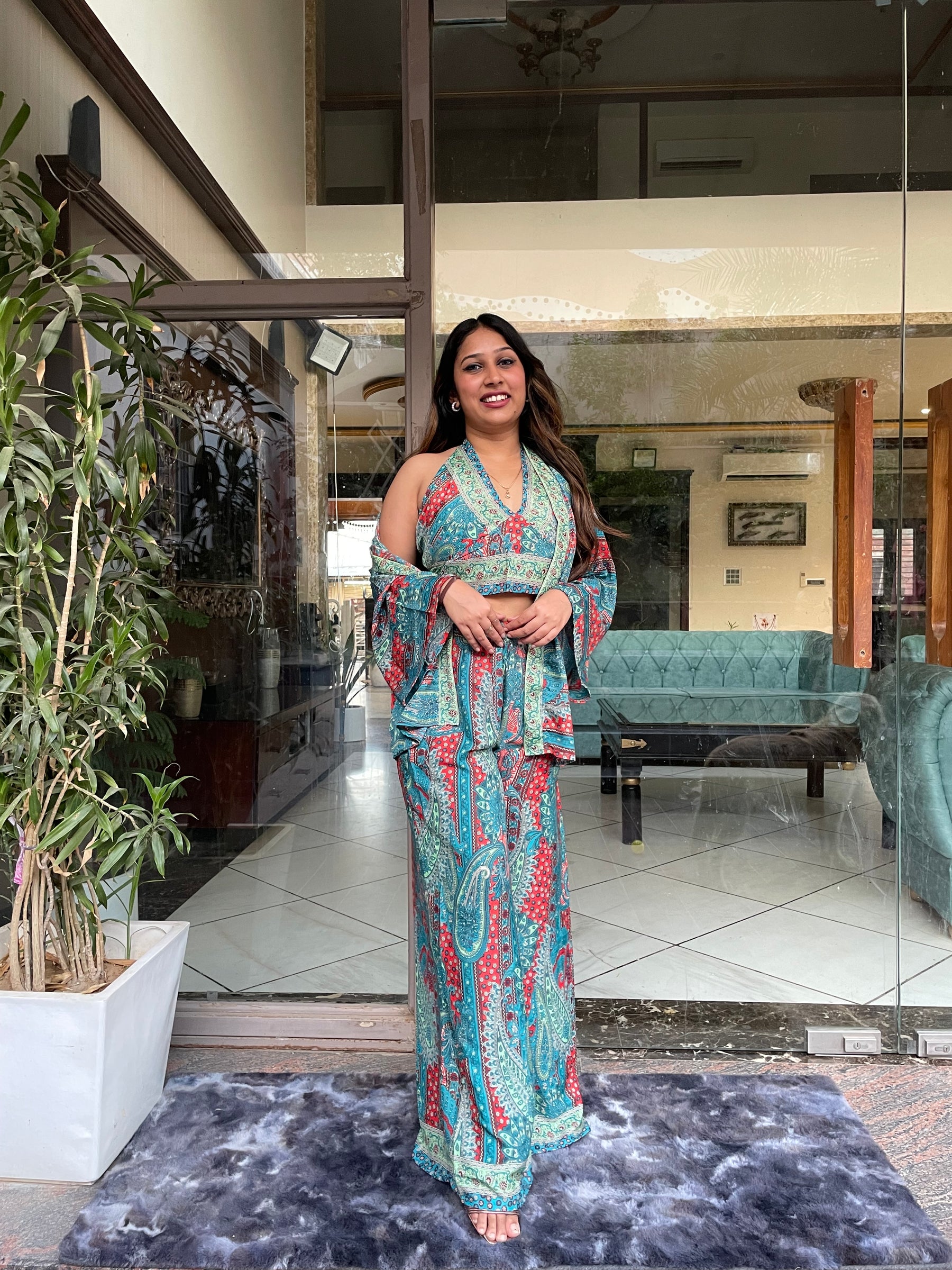 Boho Printed Bell Sleeves Kimono Coordinate Set - Deep Seaglass