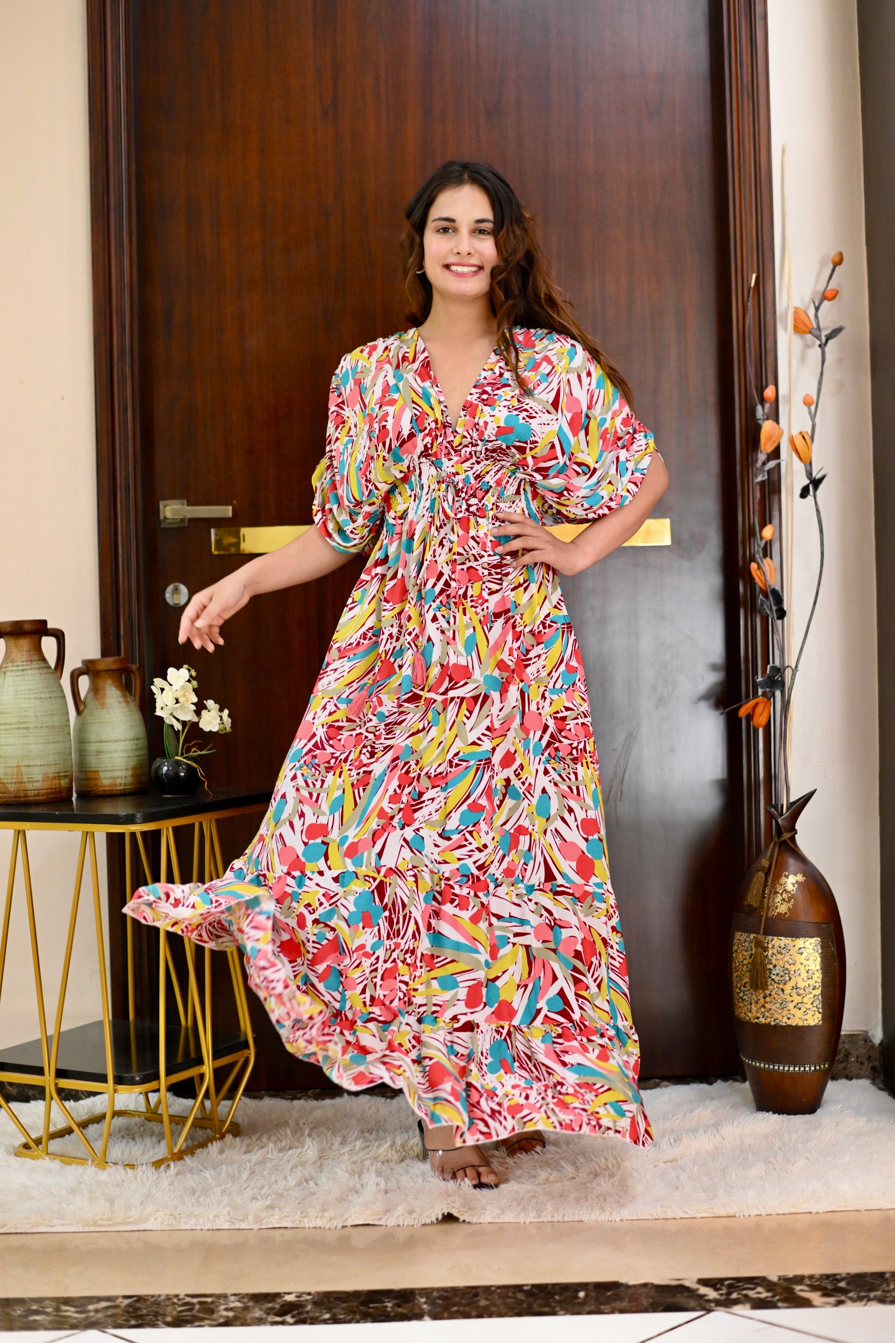 Ballon Pattern Boho Printed Maxi Dress - Rosy Elegance