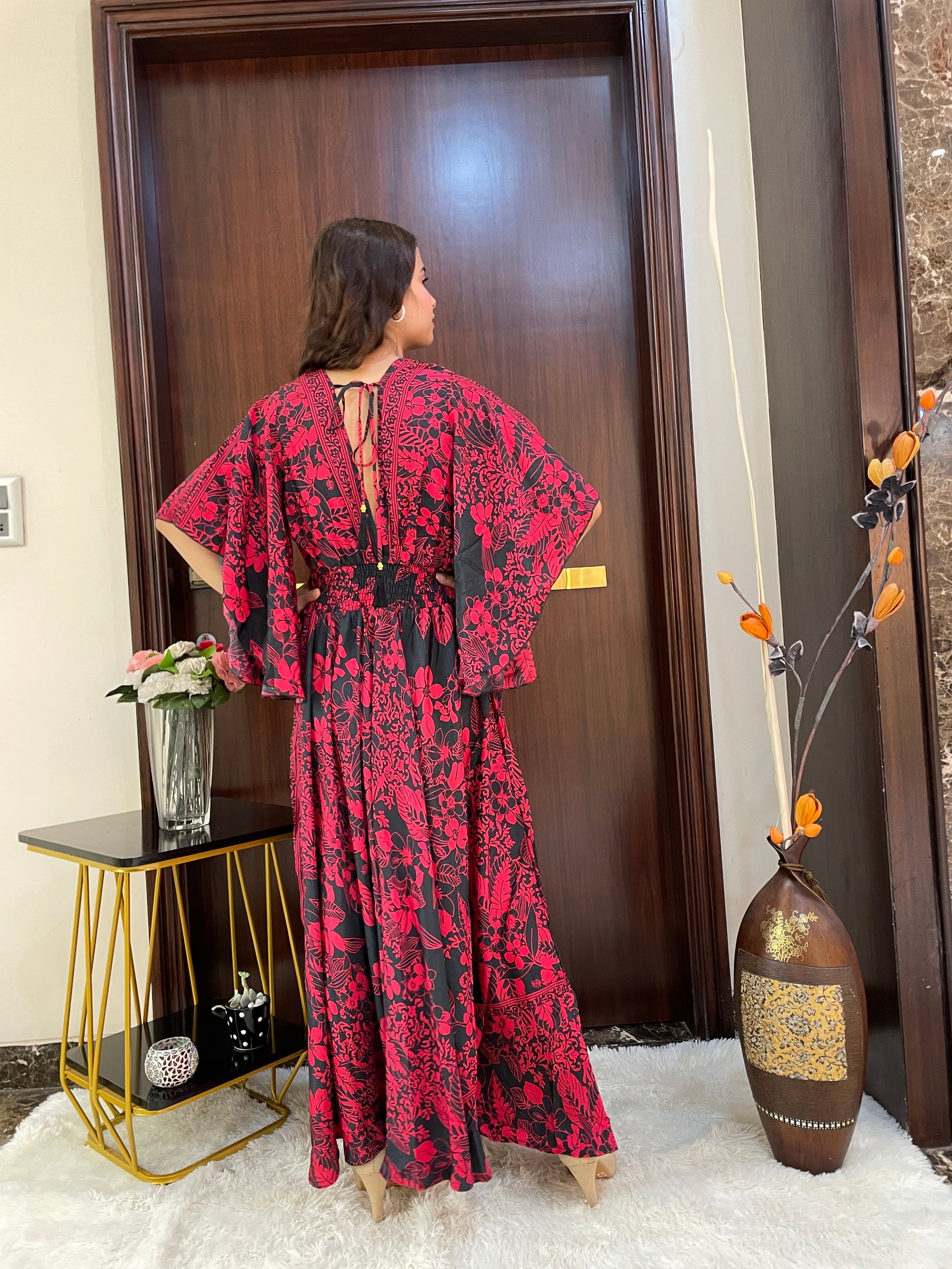 Bell Sleeves Criss Cross Front Boho Printed Maxi Dress - Red