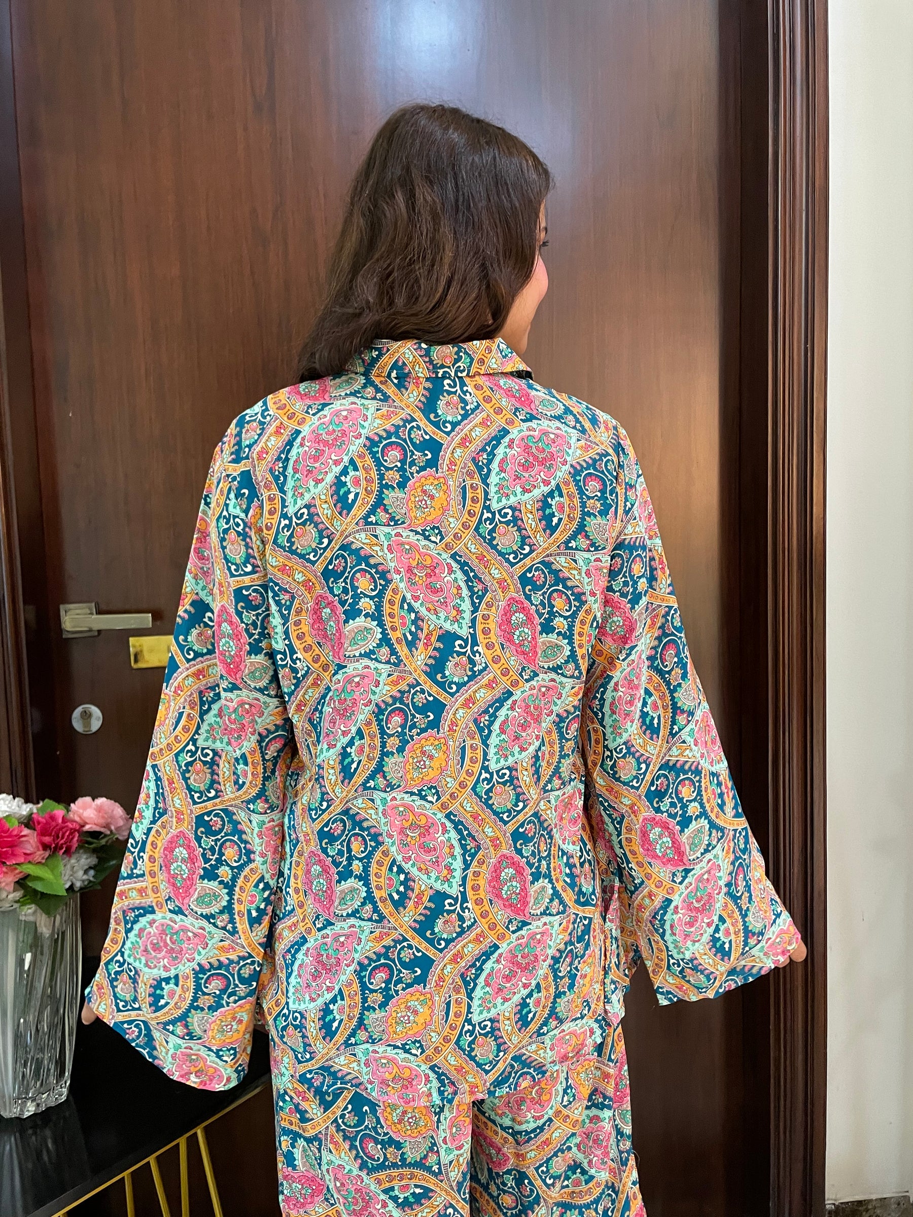 Boho Printed Bell Sleeves Coordinate Set - Oceanic Elegance ( Two - Piece)