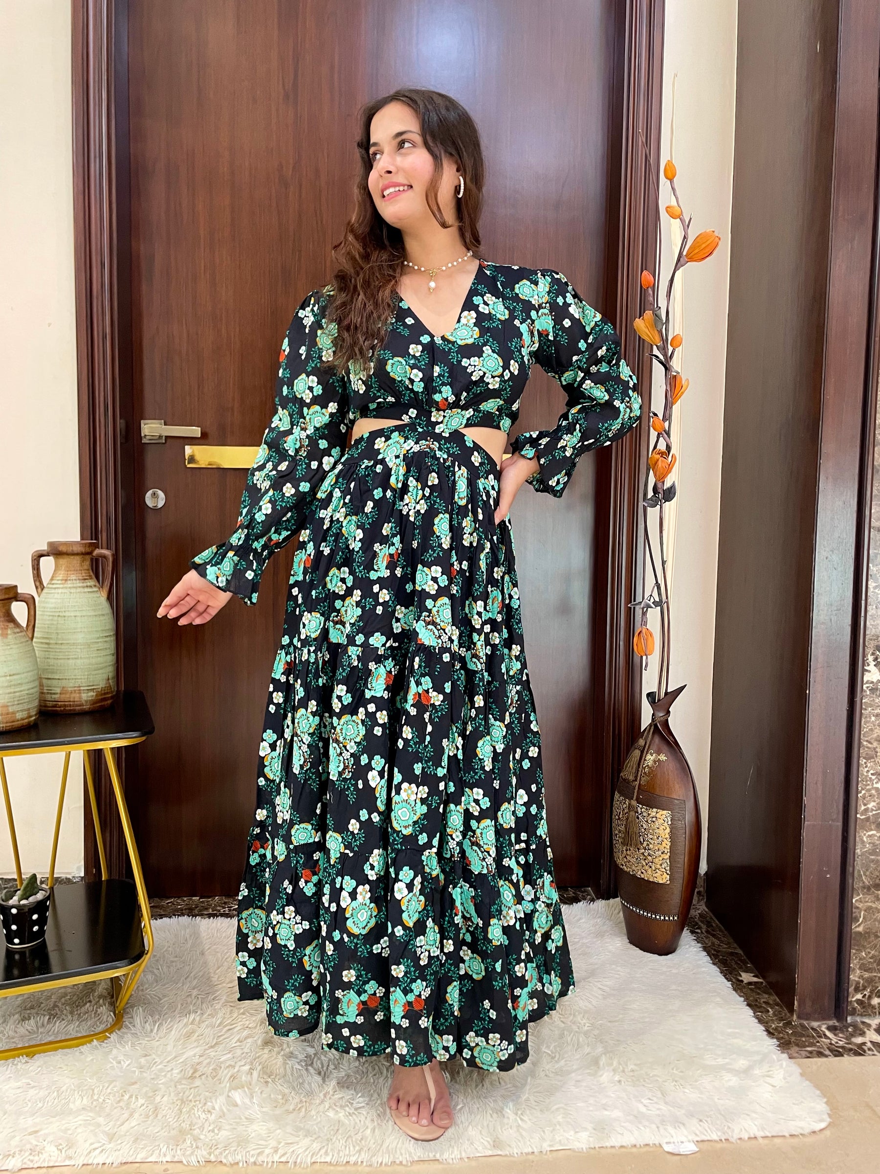 Midnight Bloom Cut Out Cotton Long Dress