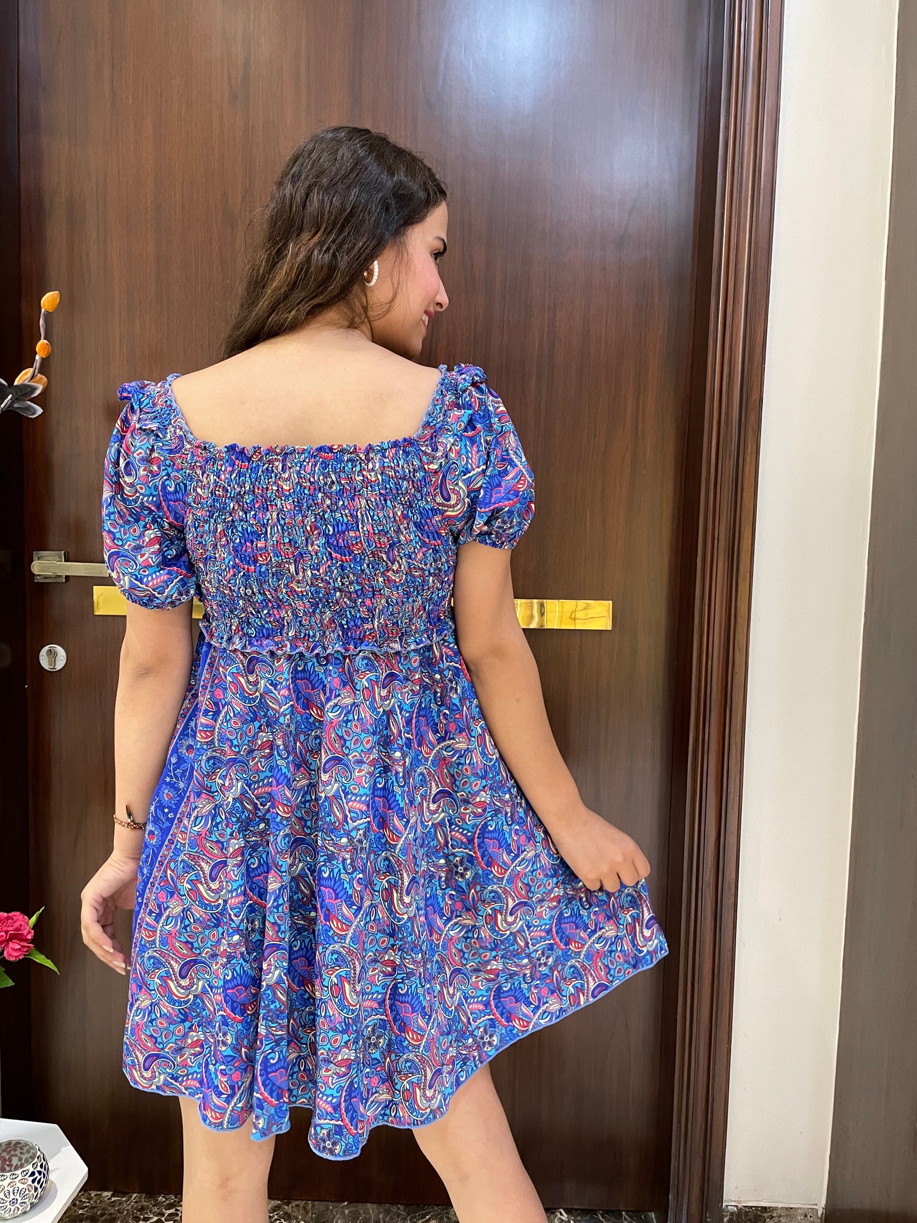 Elasticated Bust Boho Print Short Dress