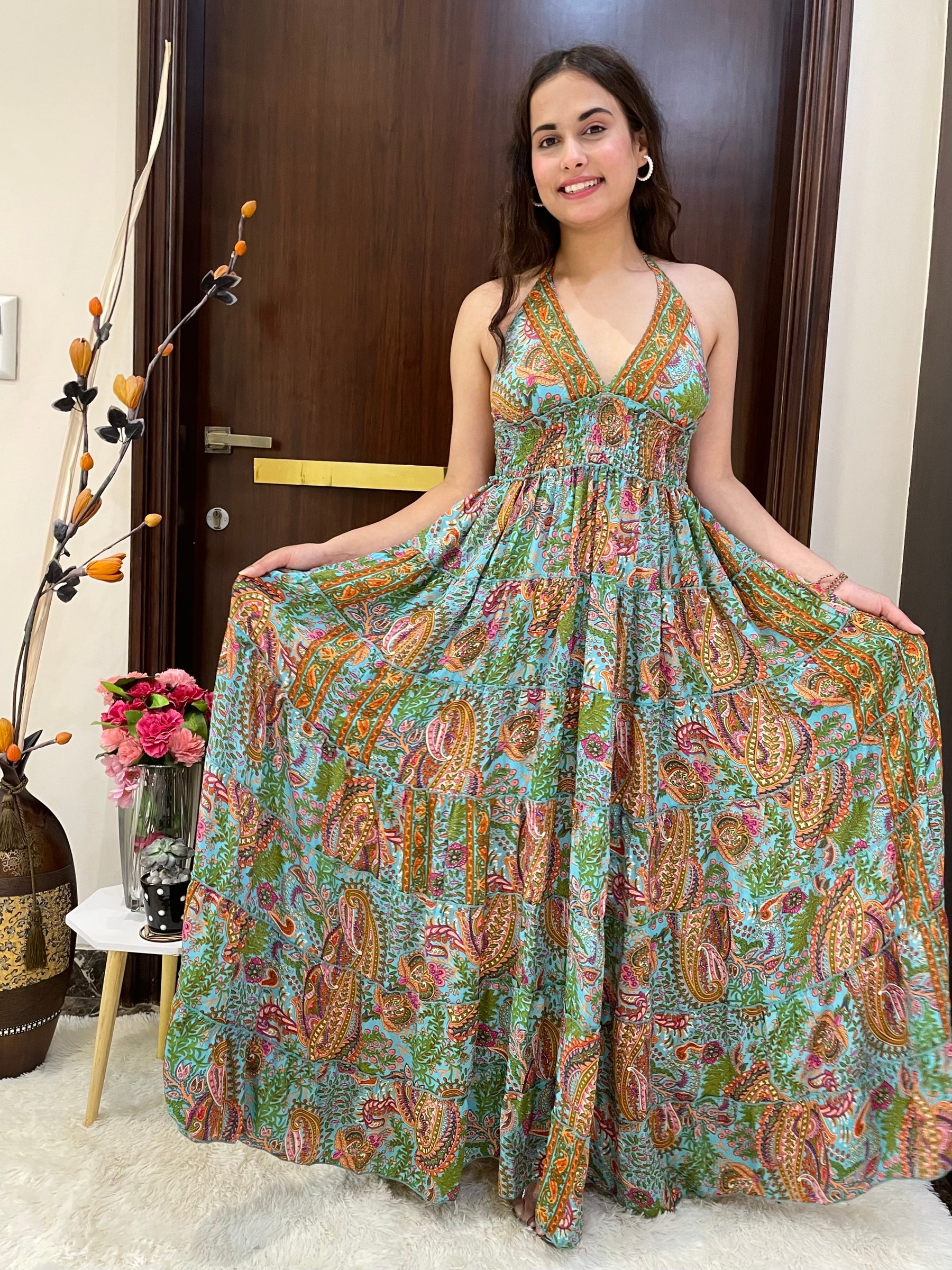 Halter Neck Multi Panel Boho printed Maxi Dress In Blue