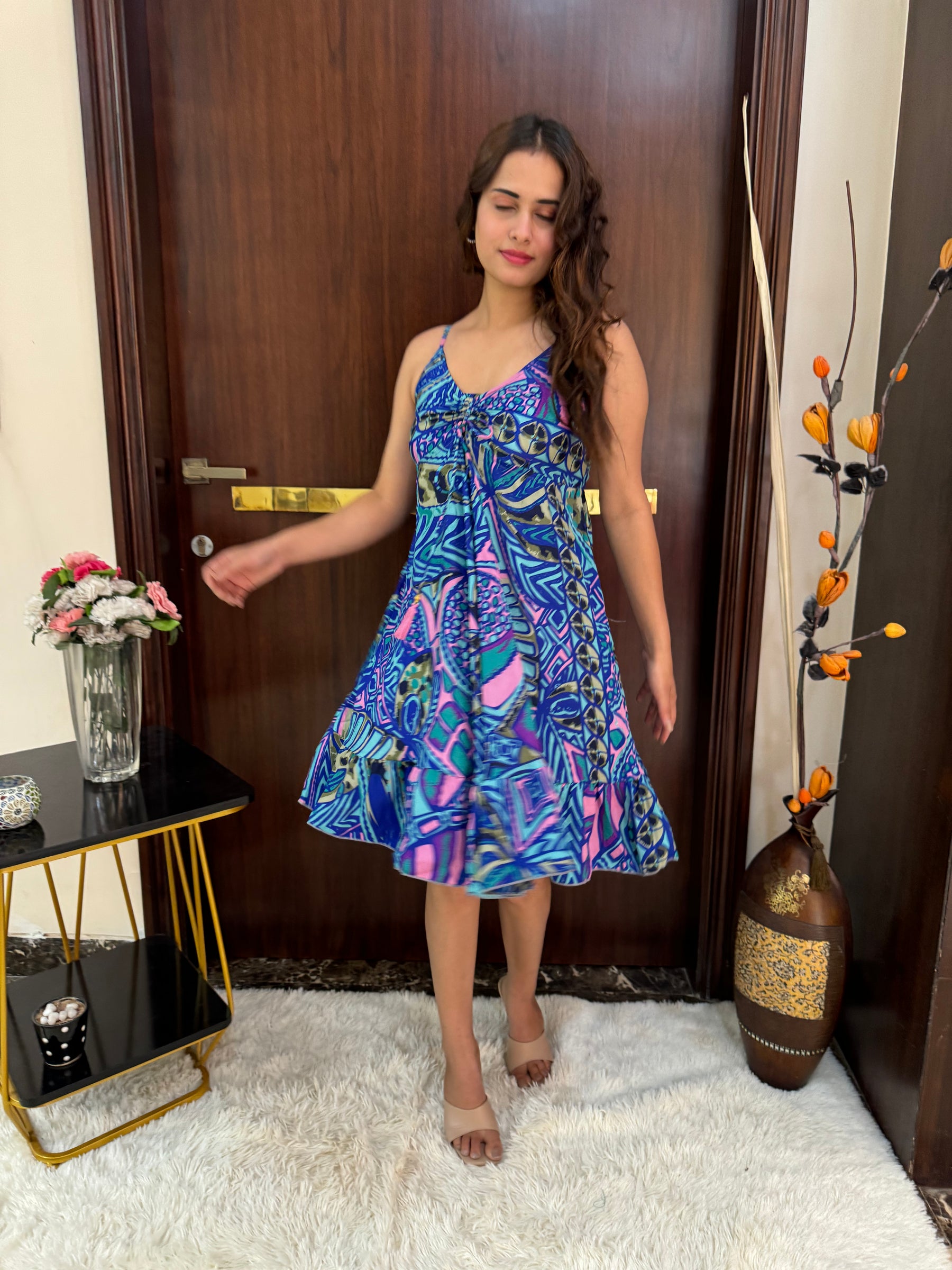 Ruched Bust Boho Printed Short Dress - Royal Elegance SmisingBee