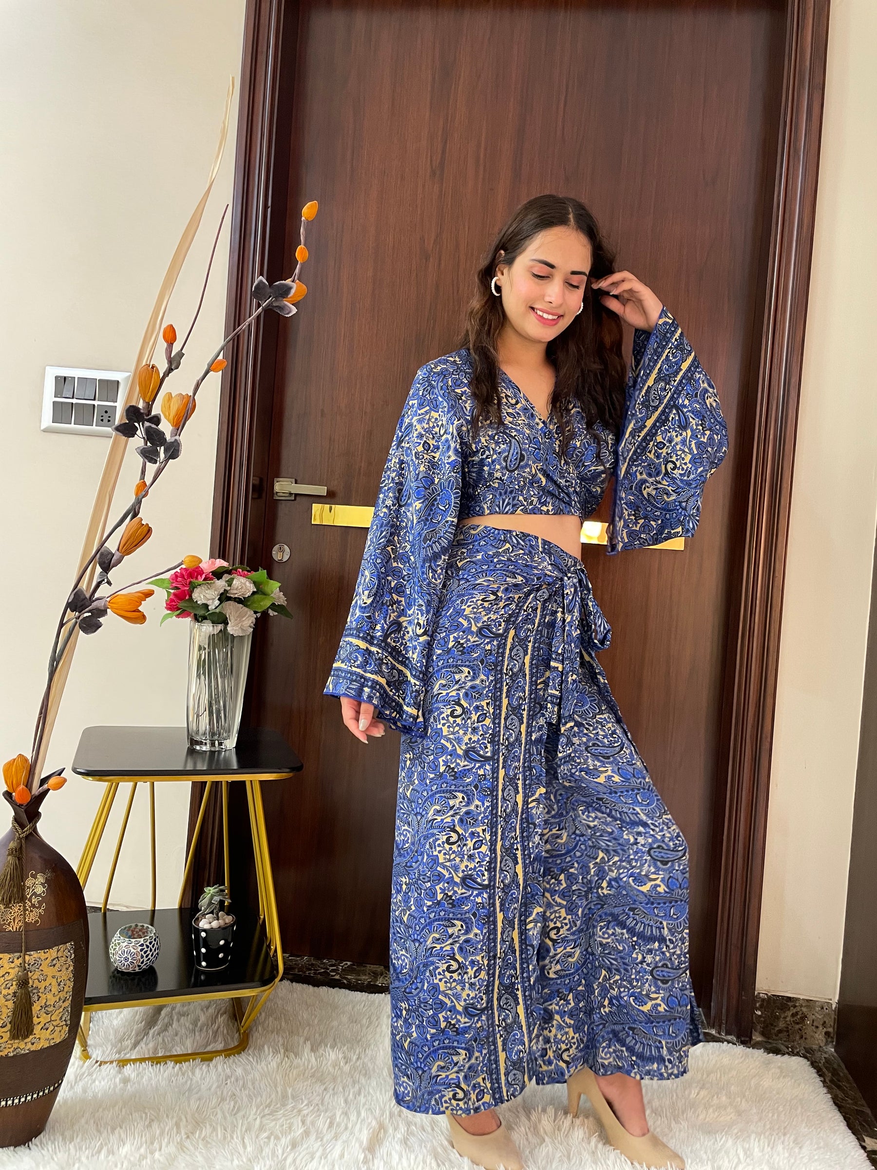 Boho Printed Wrap Top - Blue