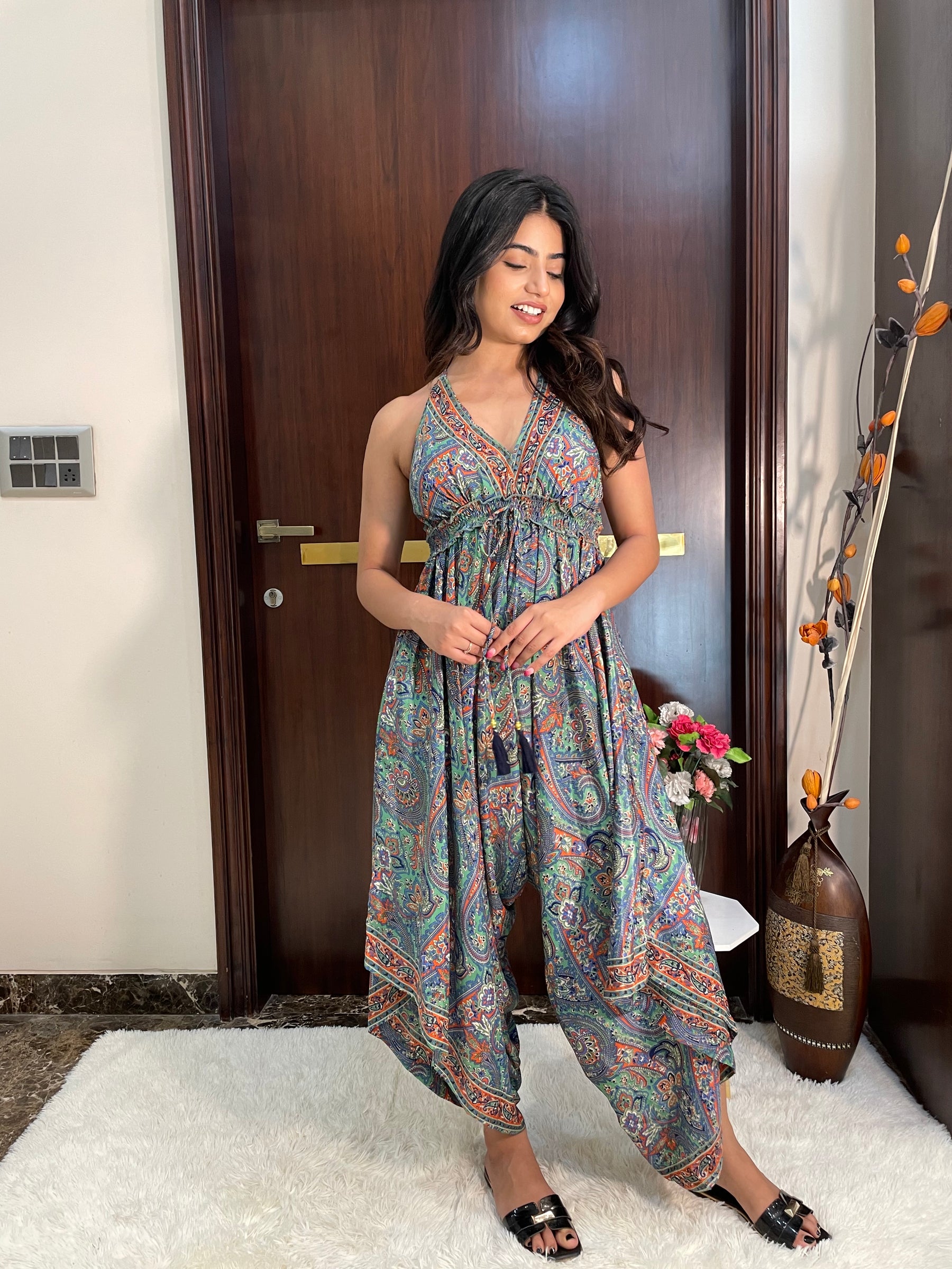 Backless Boho Printed Jumpsuit- Green
