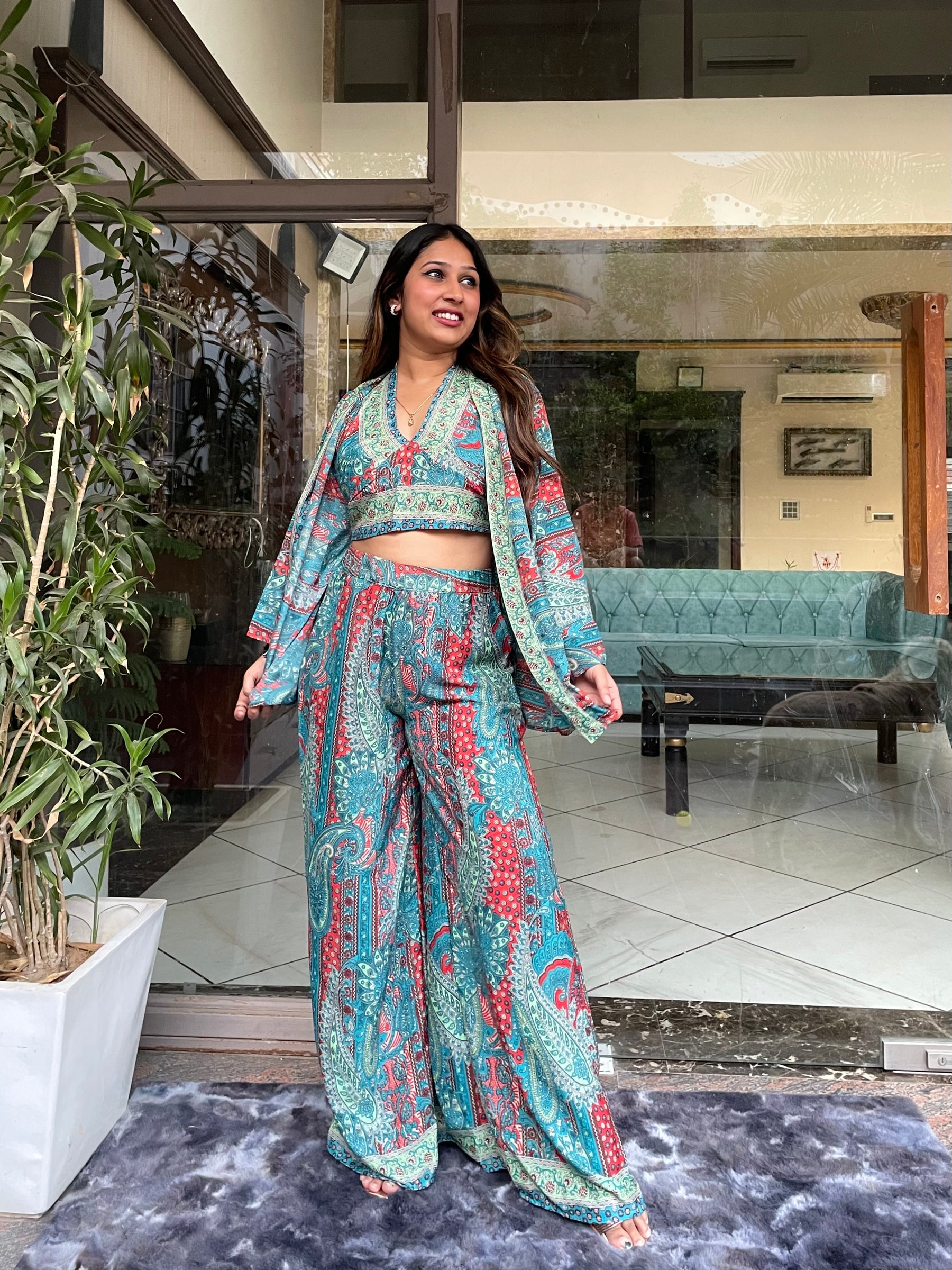 Boho Printed Bell Sleeves Kimono Coordinate Set - Deep Seaglass