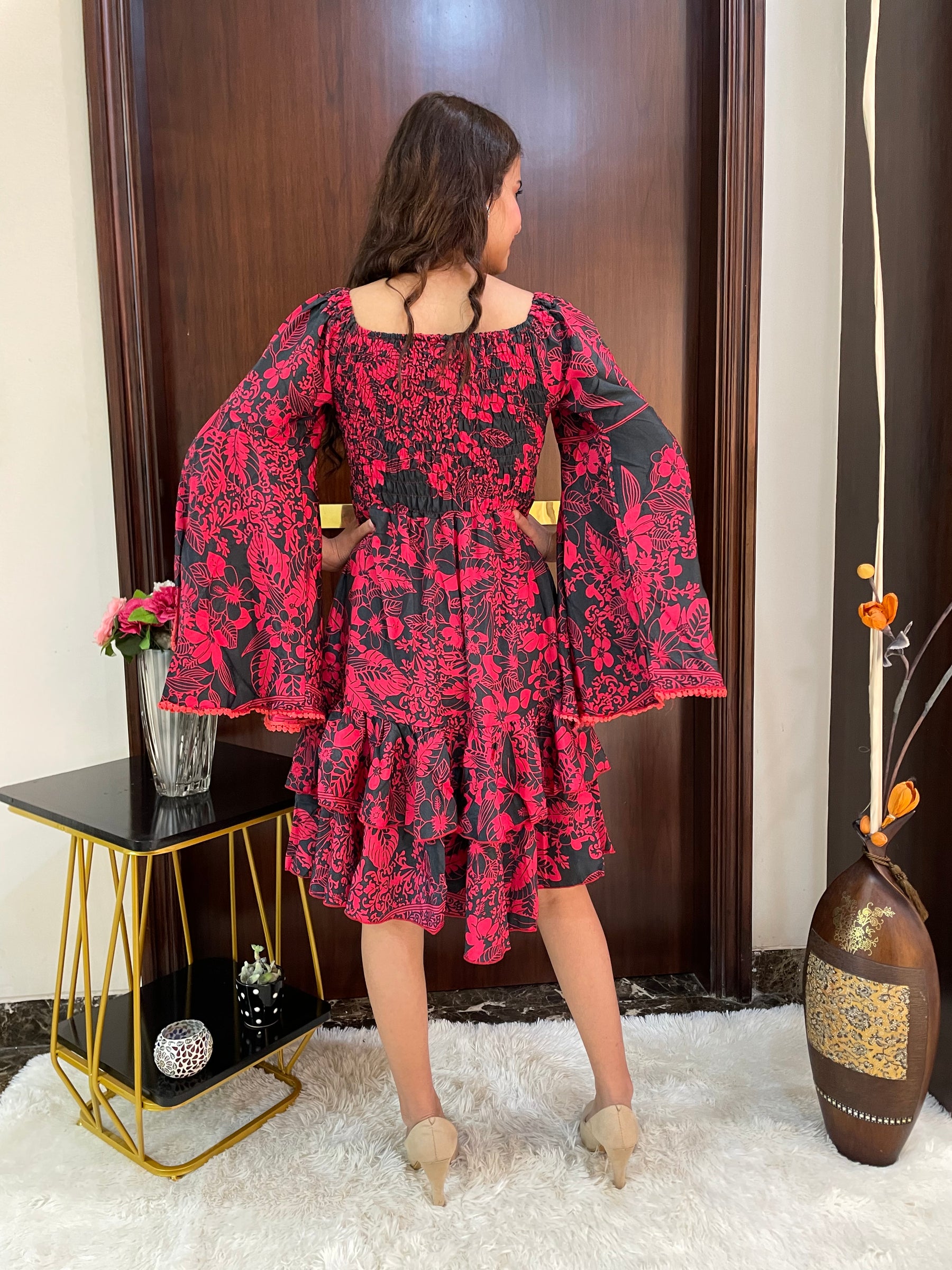 Elasticated Bust Bell Sleeves Boho Printed Short Dress - Red