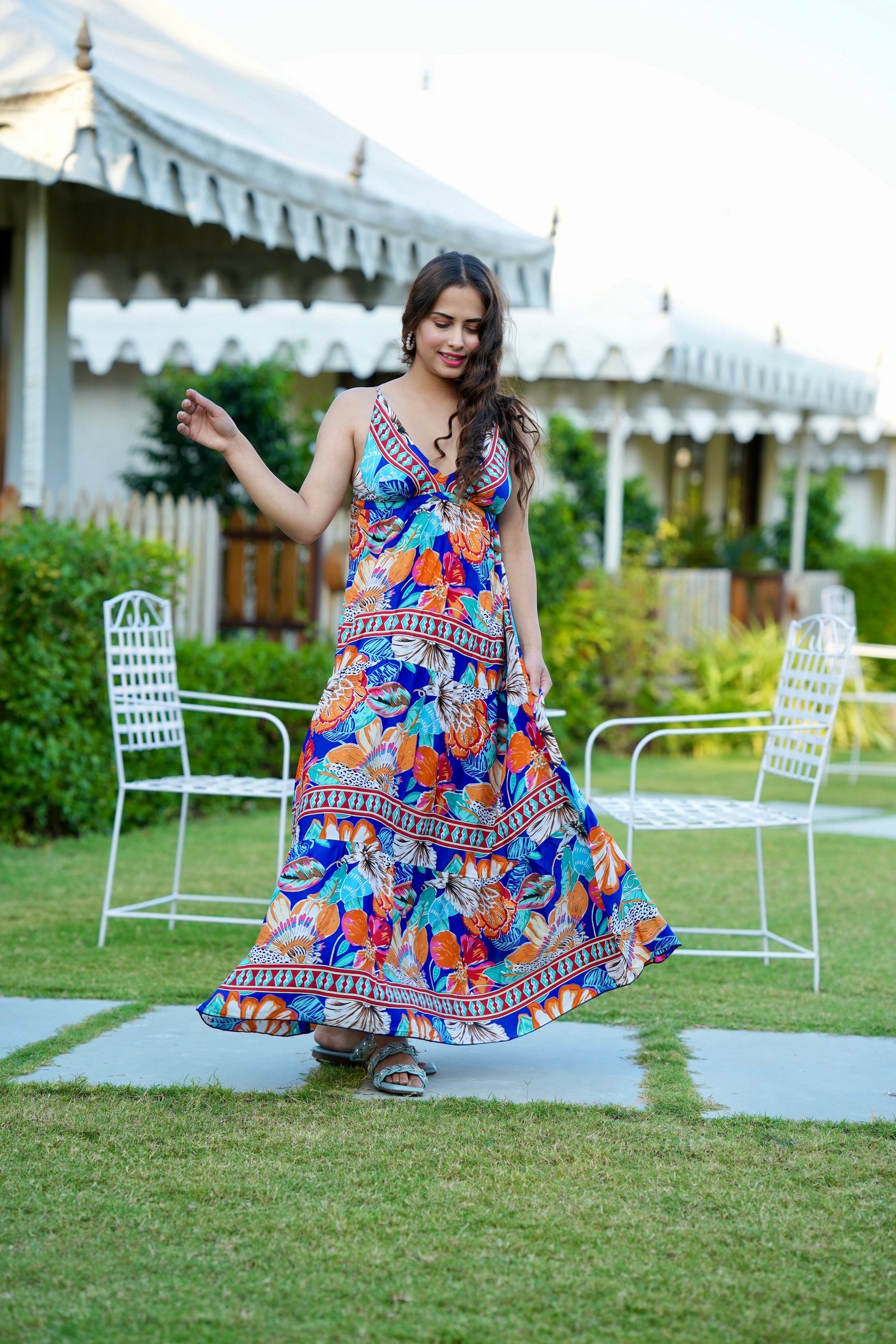 Multi Panel Boho Printed Maxi Dress - Blue Patel