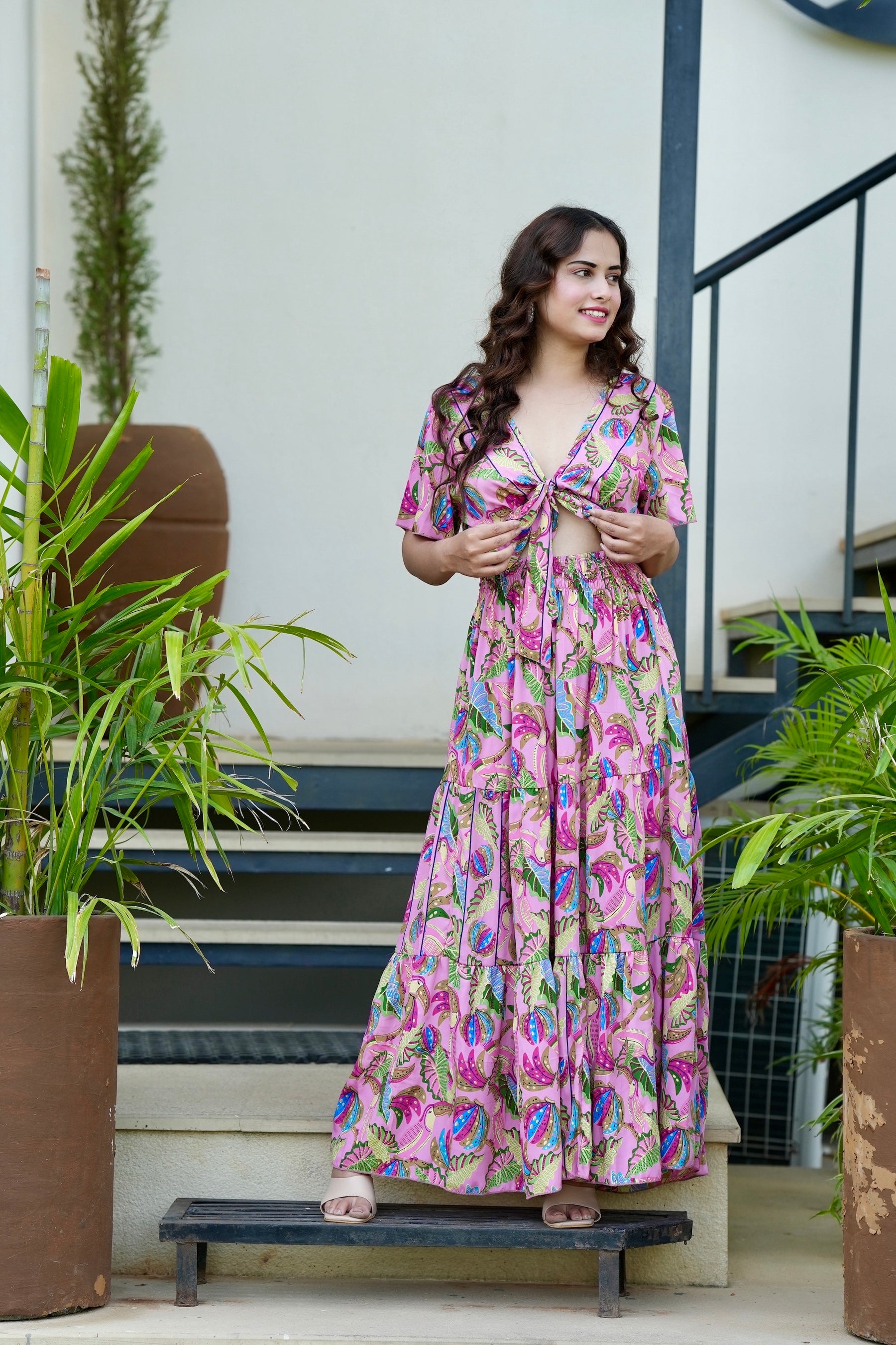 Tie front ruffle hem gold(foil) print featured maxi dress- Candyfloss Smisingbee