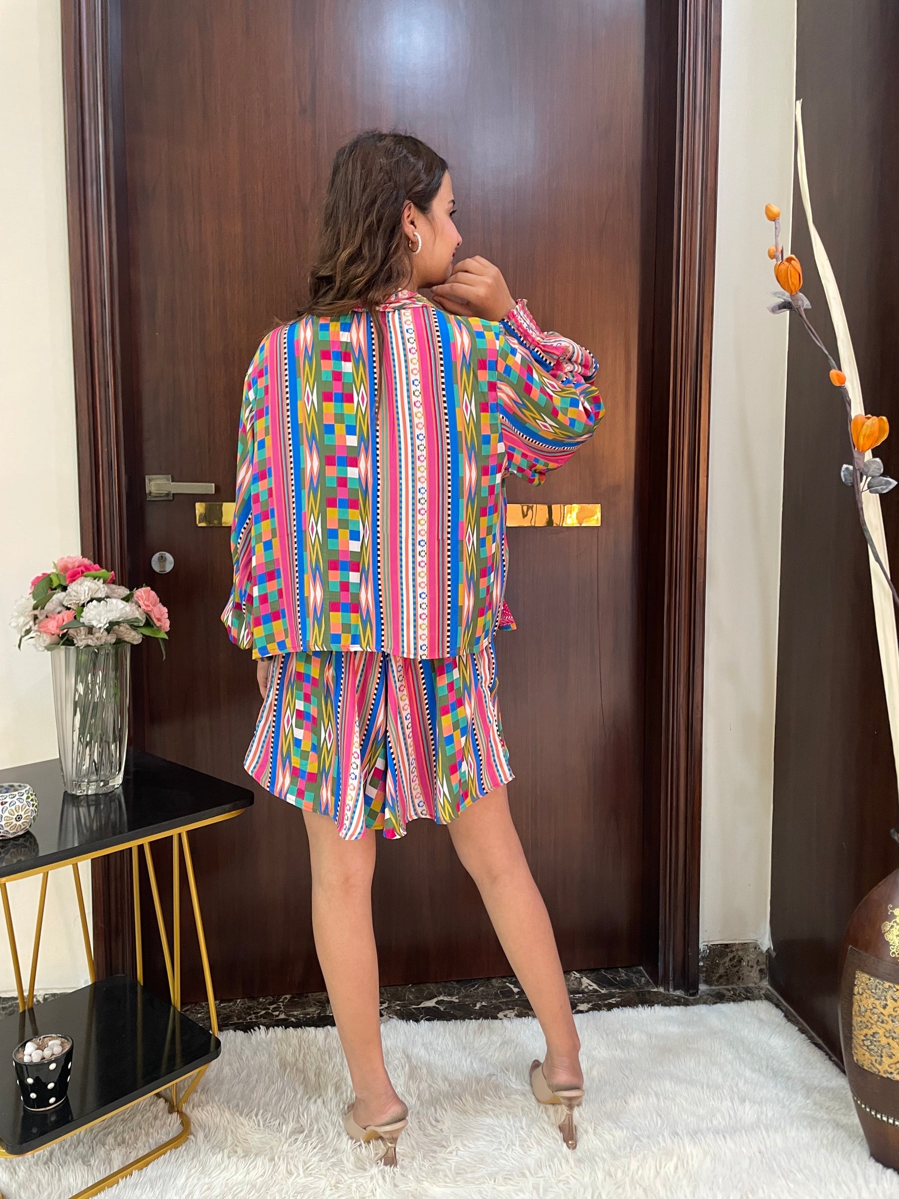 Puff Sleeves Kimono and Shorts Coordinate Set (3 Piece)- PrismPalette SmisingBee