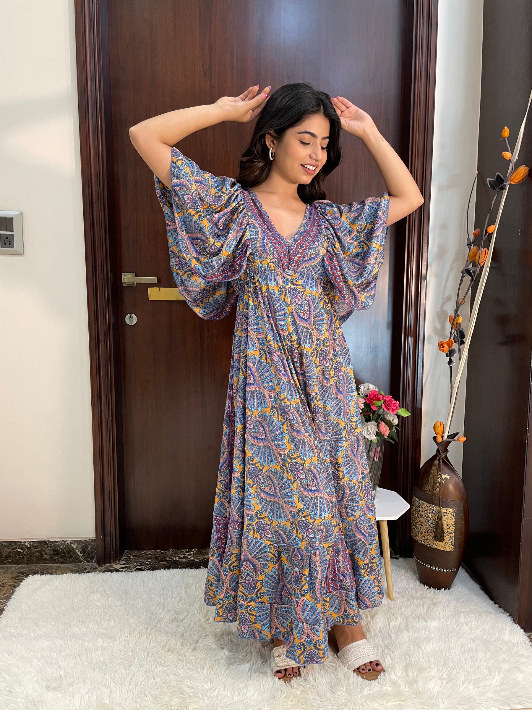 Deep V neck gold (foil) print featured boho maxi dress-Smisingbee