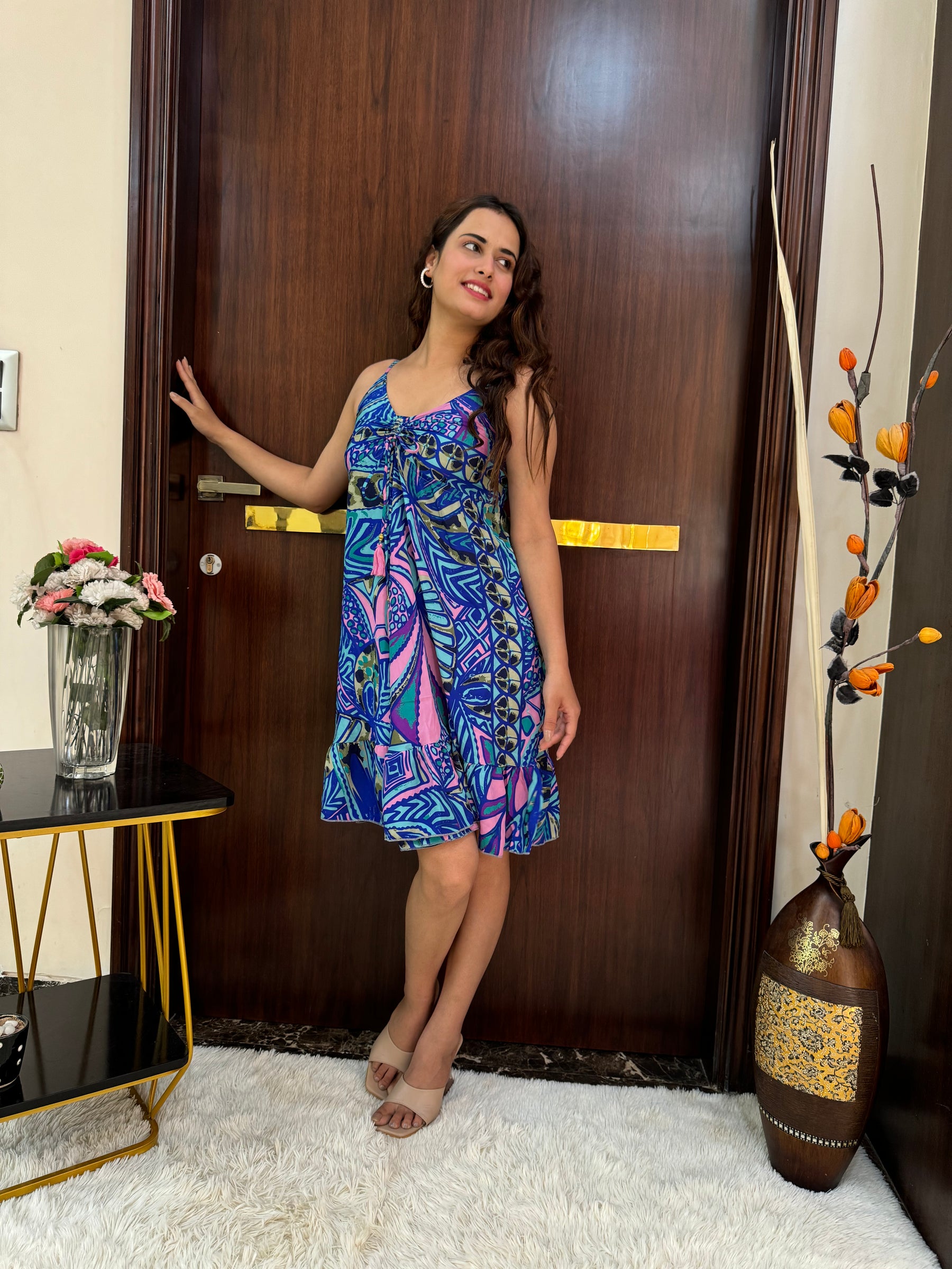 Ruched Bust Boho Printed Short Dress - Royal Elegance SmisingBee