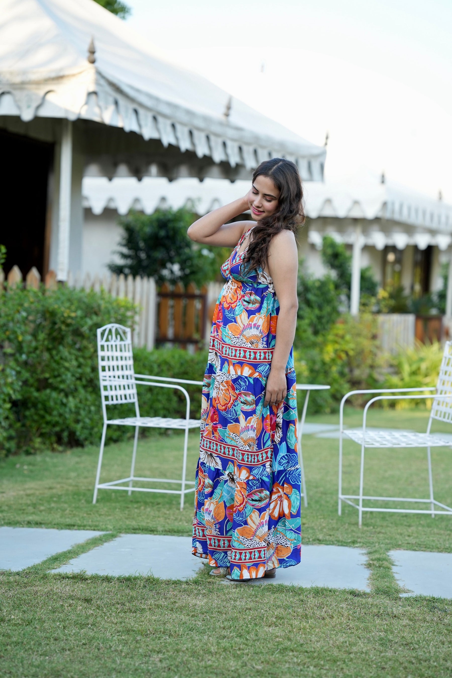 Multi Panel Boho Printed Maxi Dress - Blue Patel