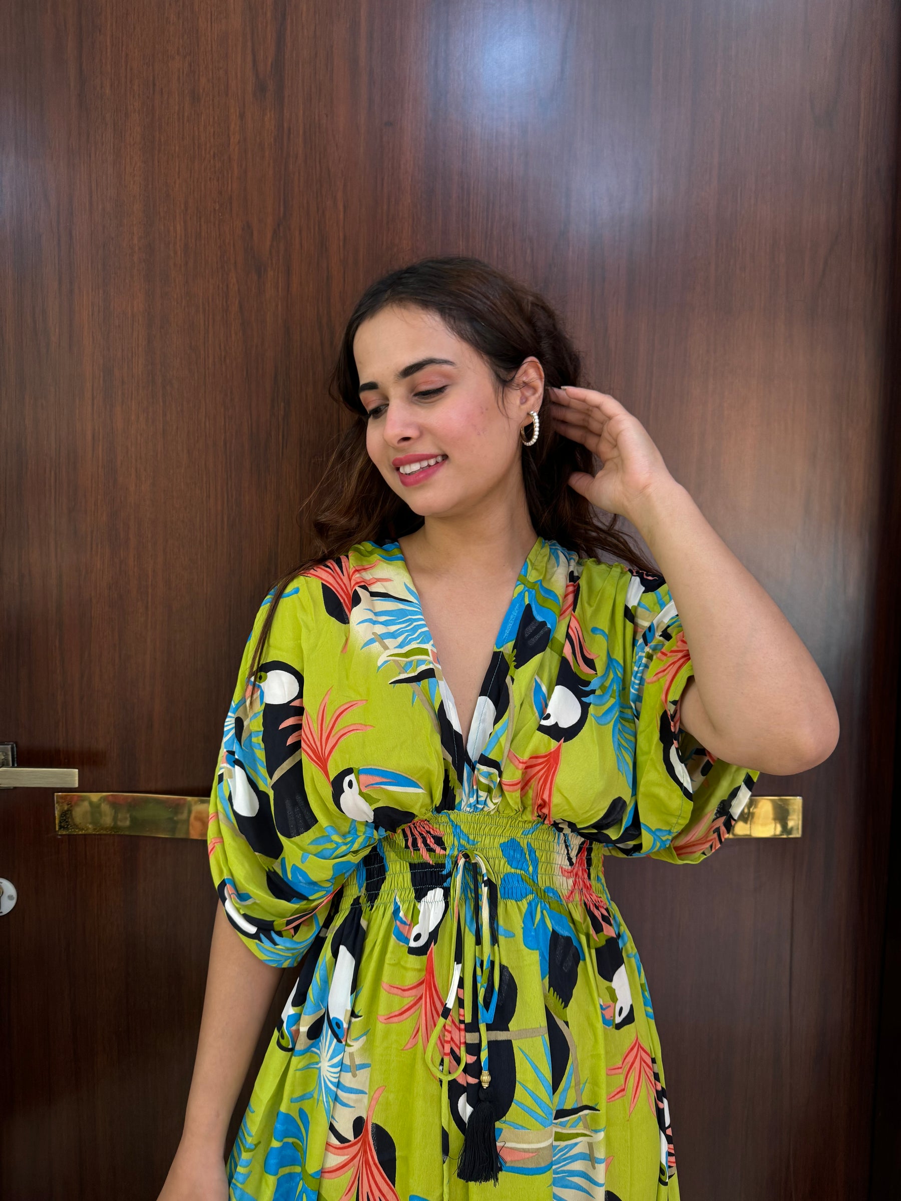 Balloon Pattern Boho Printed Maxi Dress - Vibrant Parrot Green