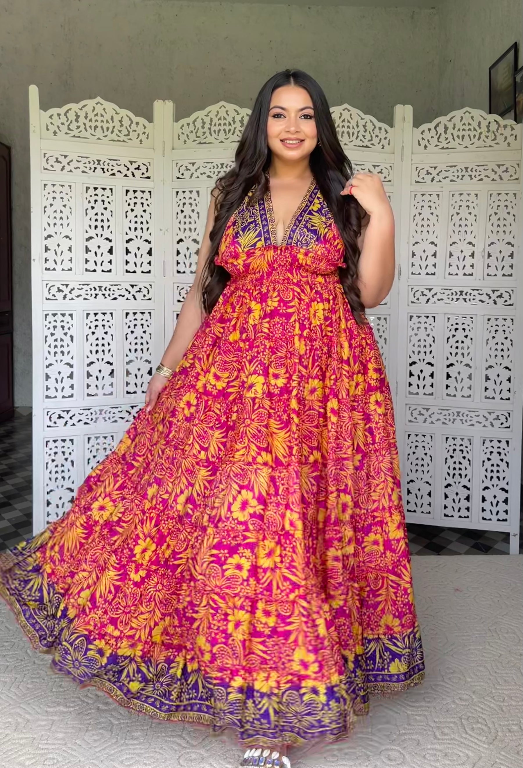 Halter Neck Multi Panel Boho printed Maxi Dress - Sunset Splendor