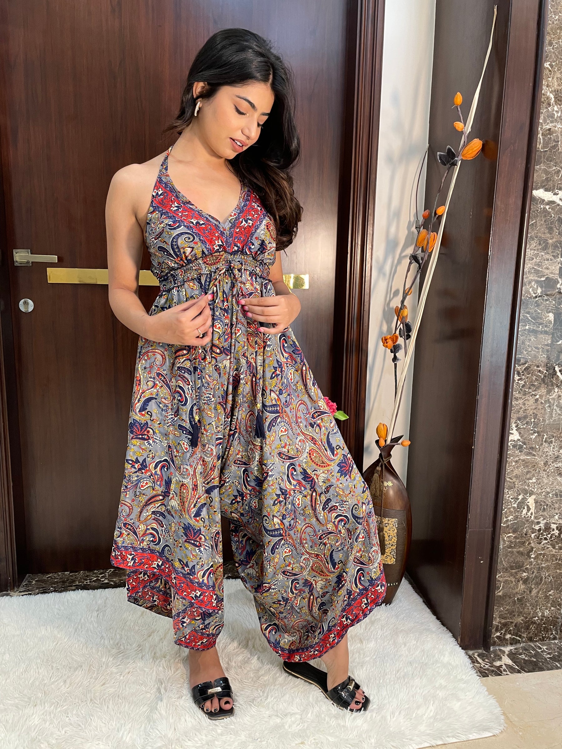 Backless Boho Printed Jumpsuit- Grey