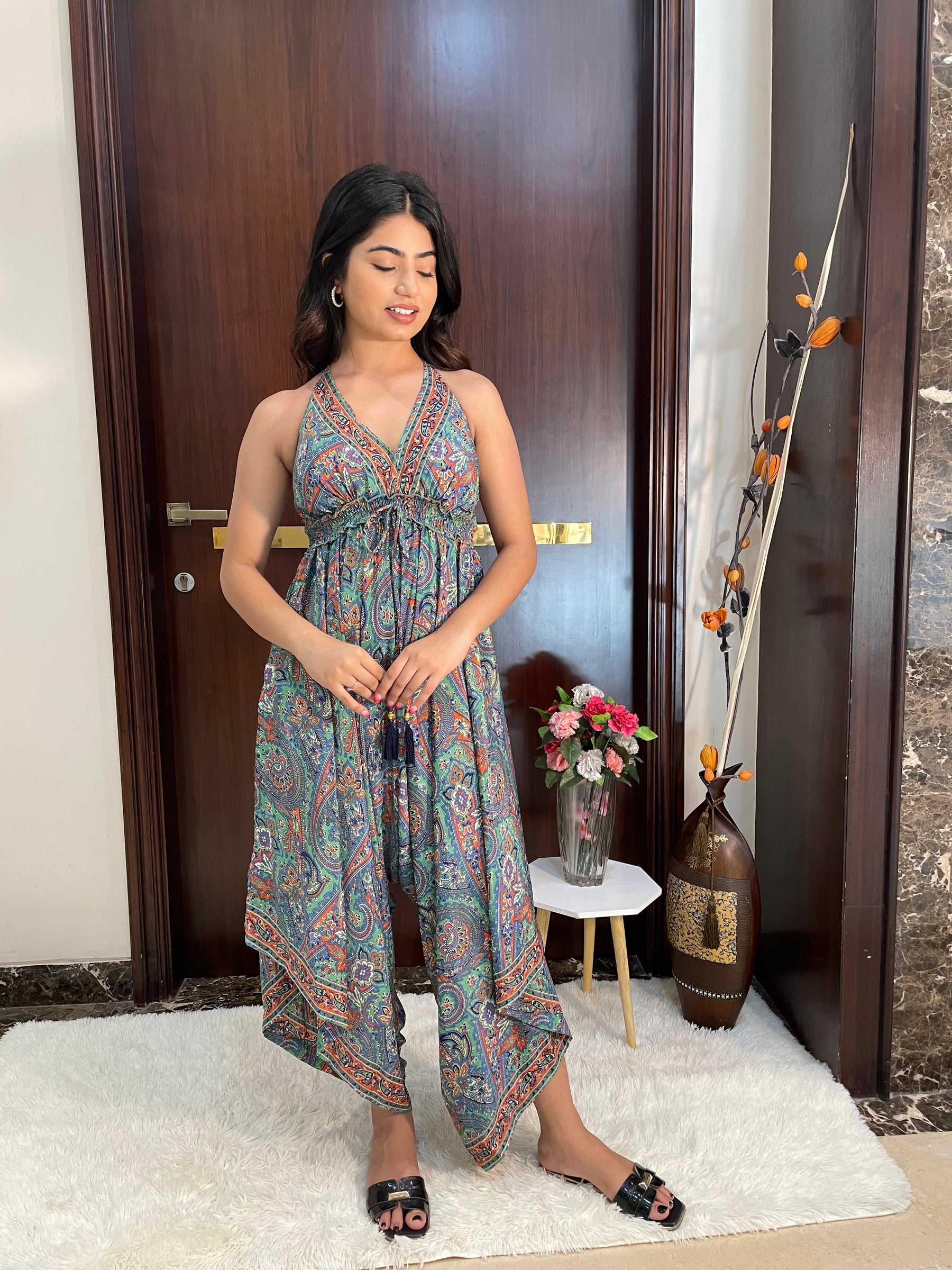 Backless Boho Printed Jumpsuit- Green