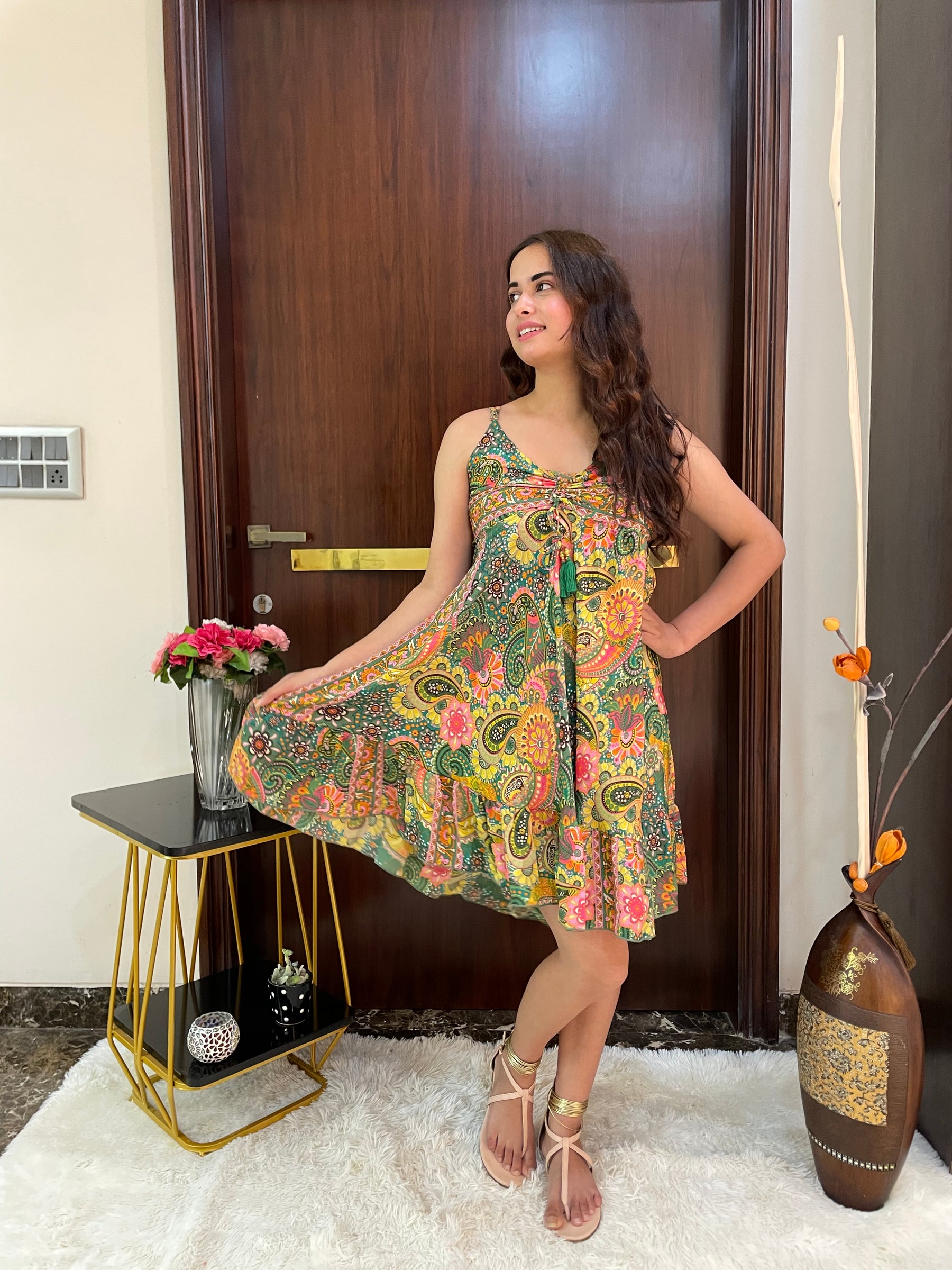 Ruched Bust Boho Printed Short Dress - Lime Sunshine
