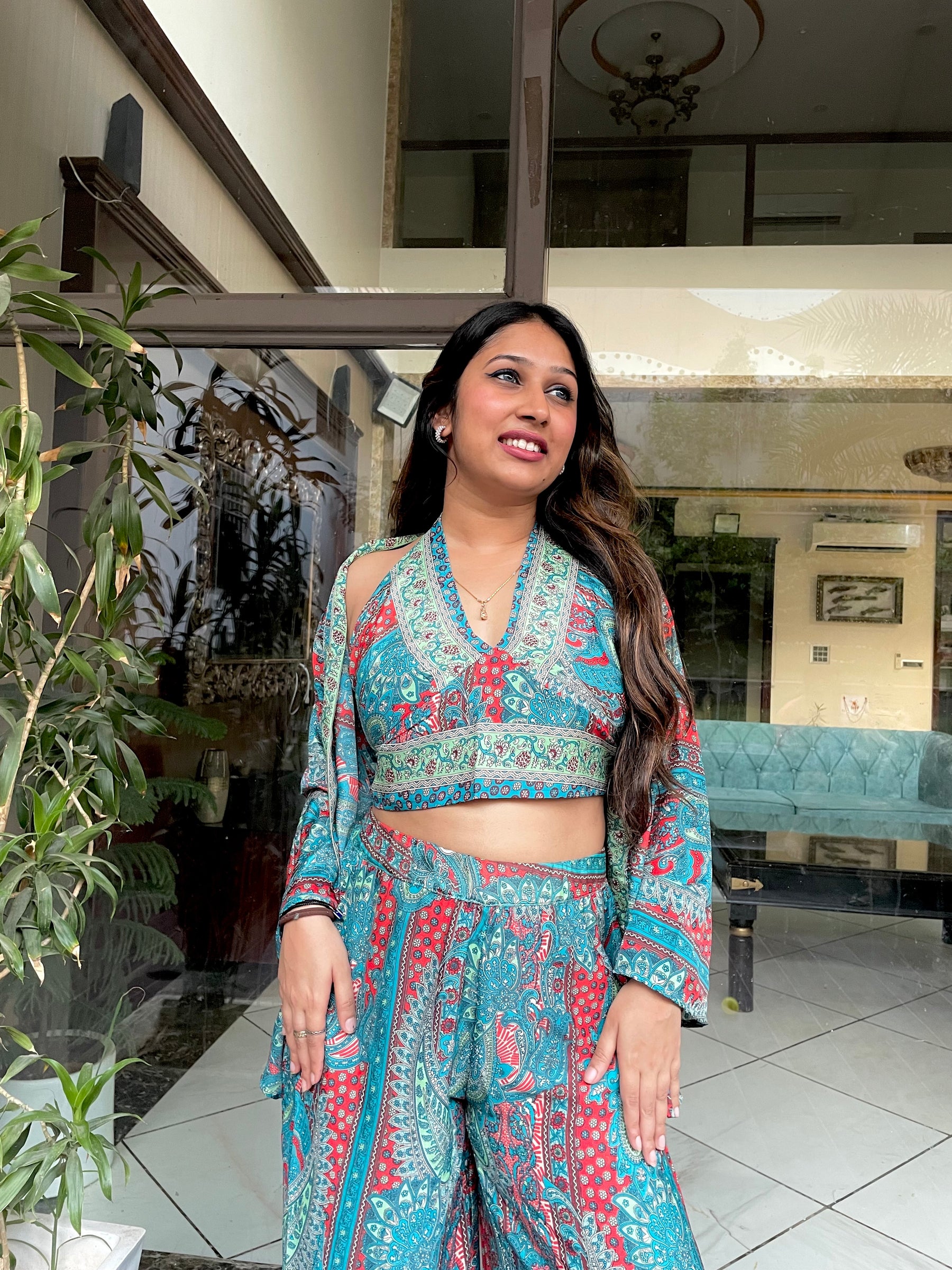 Boho Printed Bell Sleeves Kimono Coordinate Set - Deep Seaglass