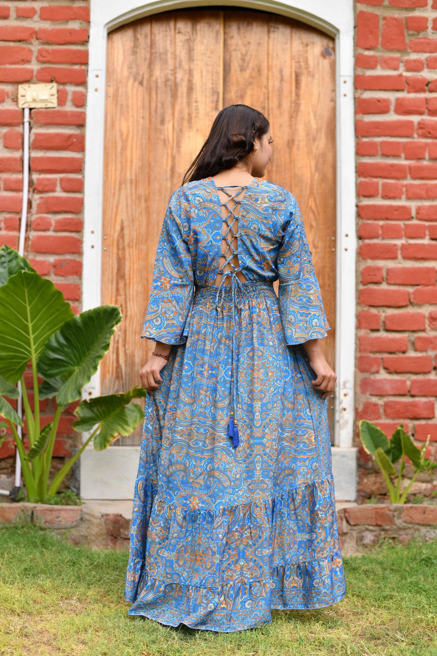 Long embroidery featured cross back boho maxi dress- Smisingbee