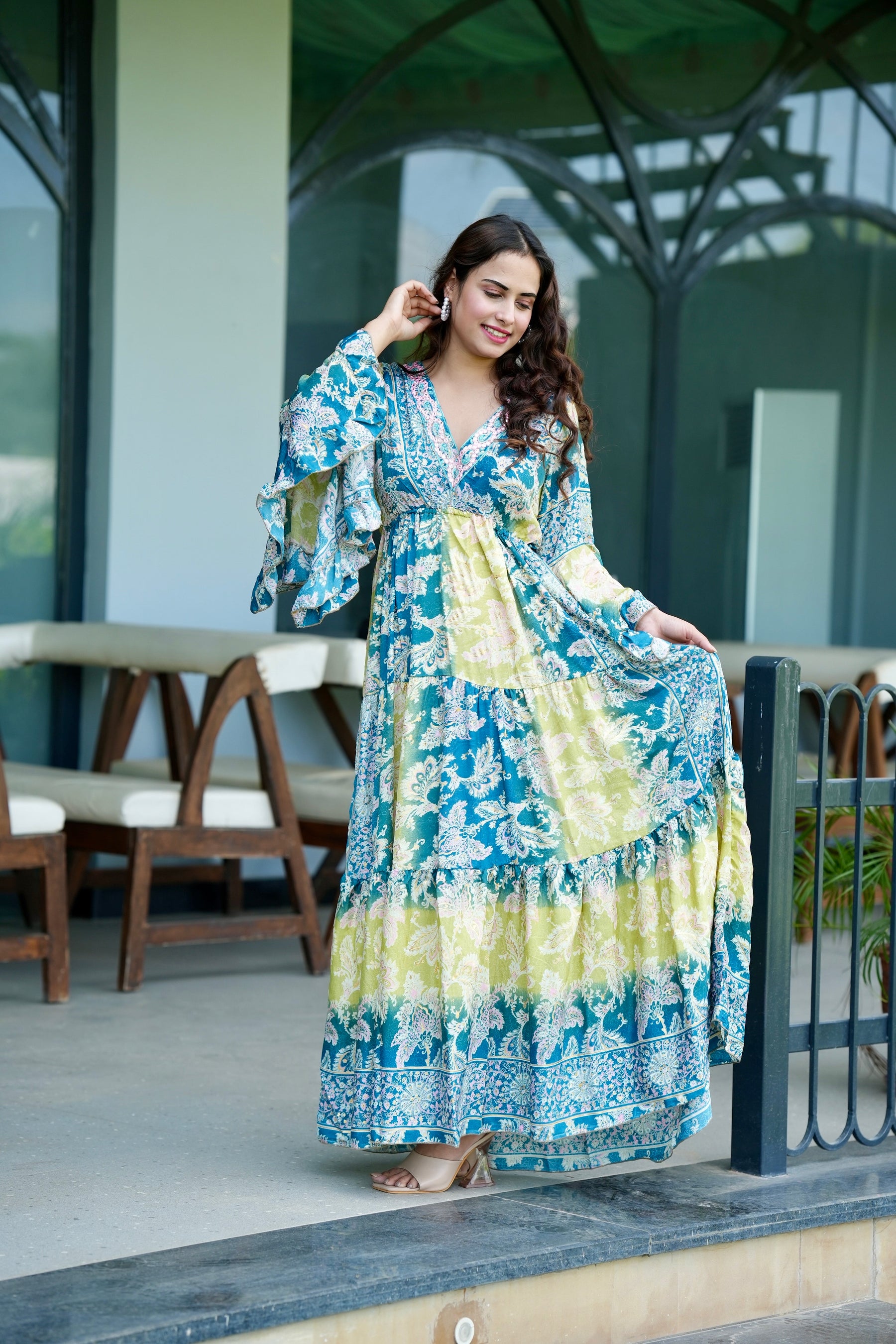 Ruffle Sleeves Boho Maxi Dress- Aqua Meadow SmisingBee