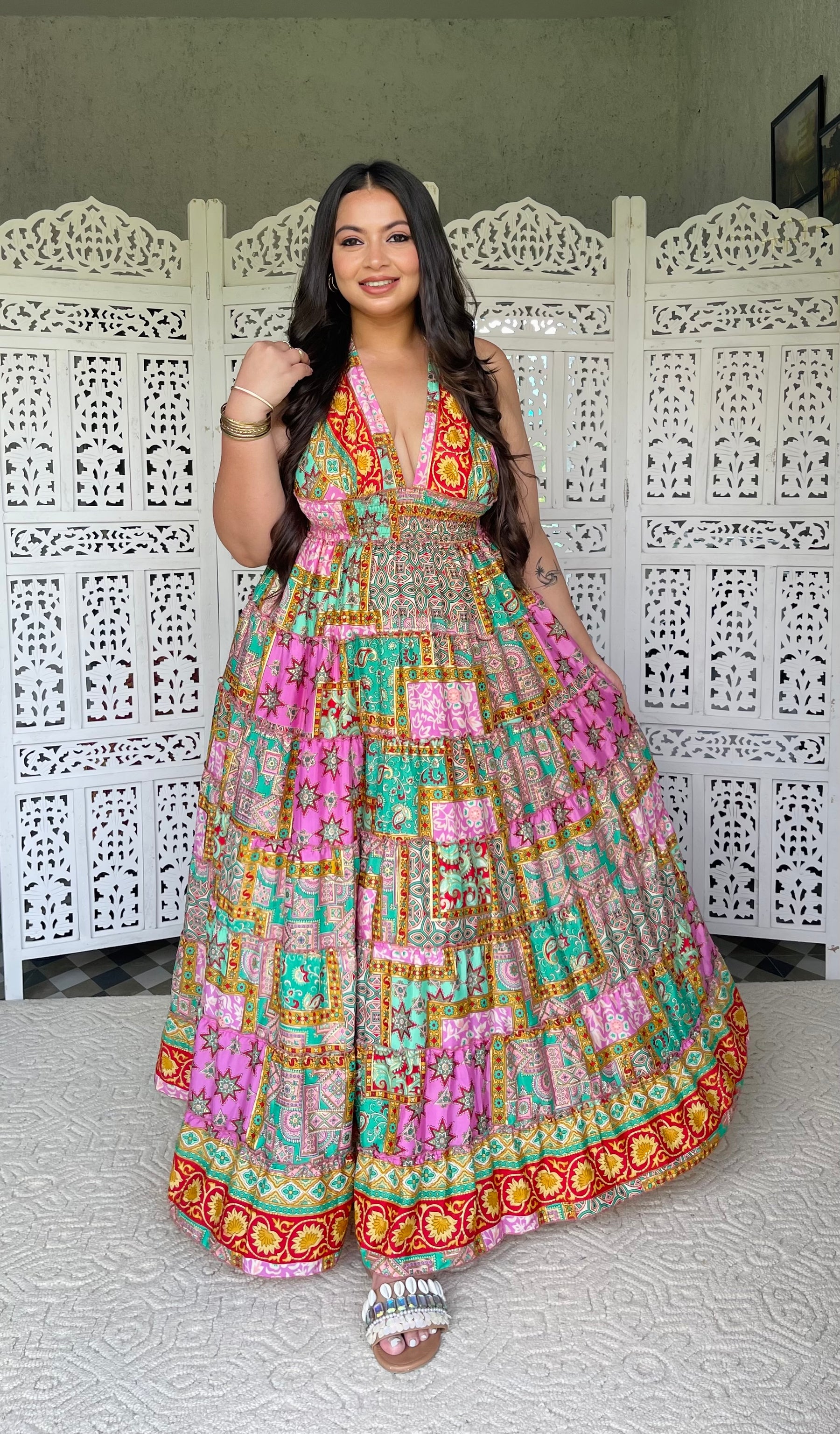 Halter Neck Multi Panel Boho printed Maxi Dress - Rainbow Rhythm