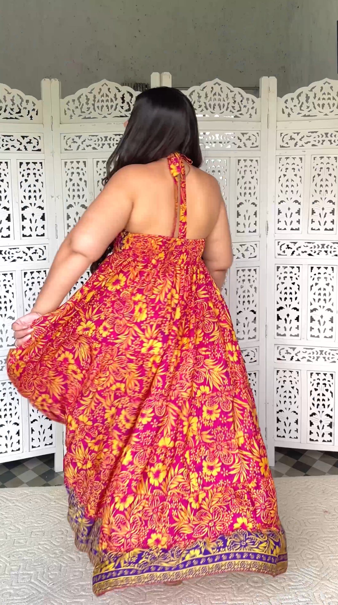 Halter Neck Multi Panel Boho printed Maxi Dress - Sunset Splendor