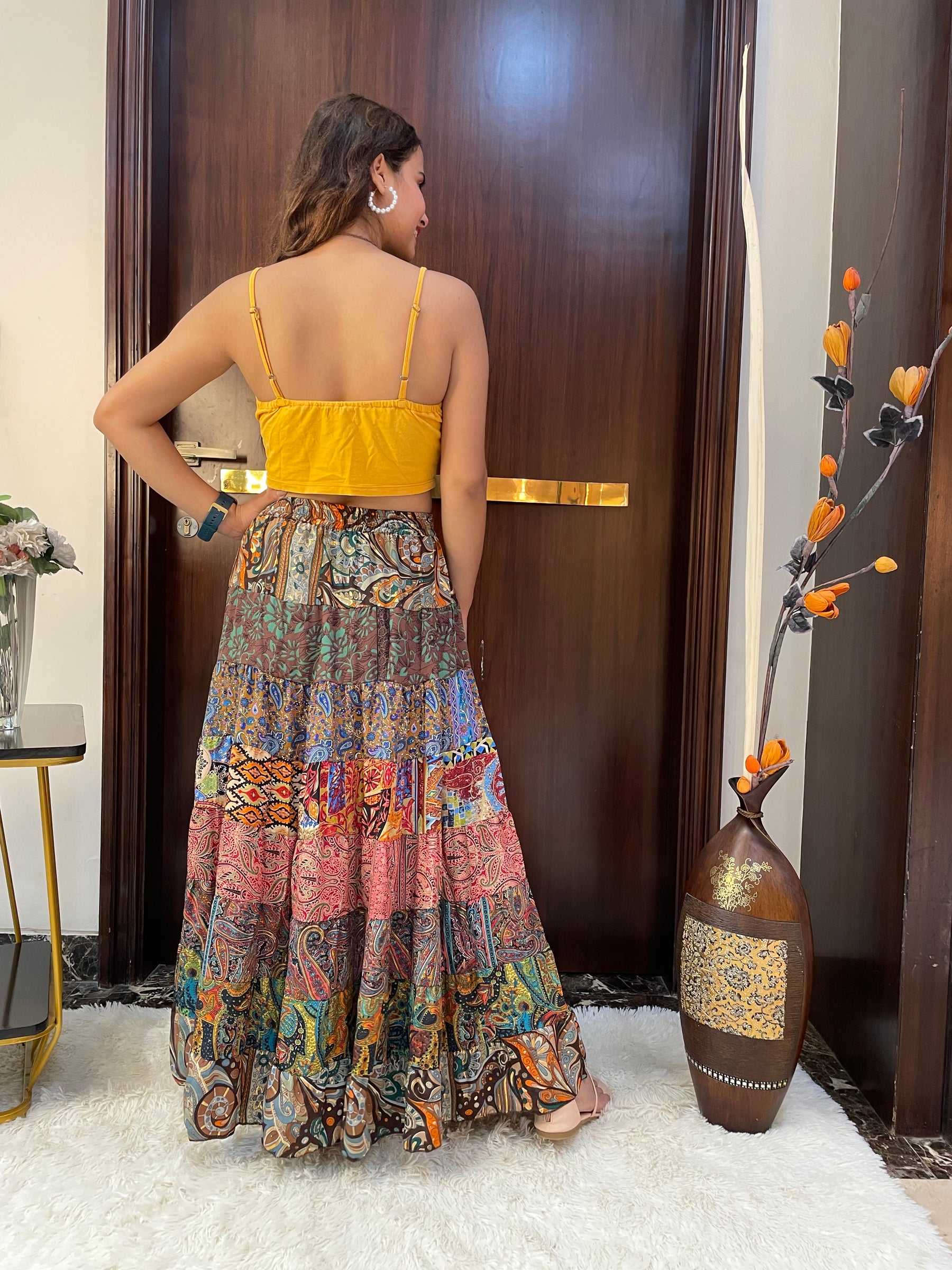 Multi Panel Boho Printed Long Skirt - Chromatic Nightfall