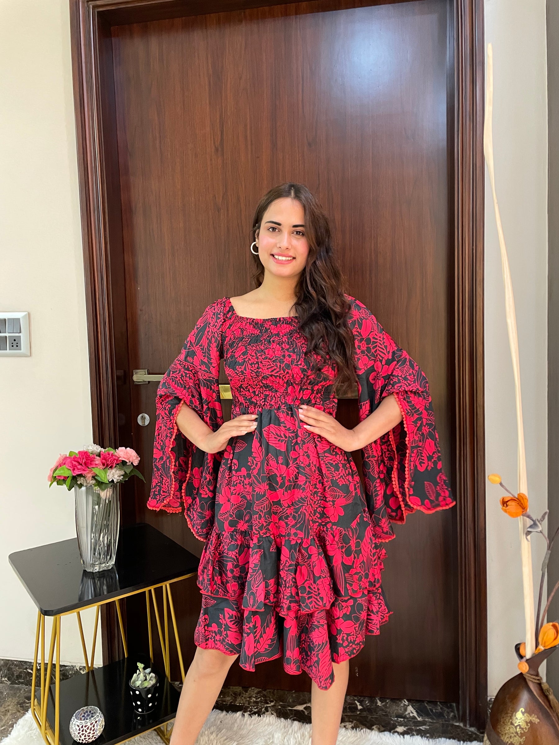 Elasticated Bust Bell Sleeves Boho Printed Short Dress - Red