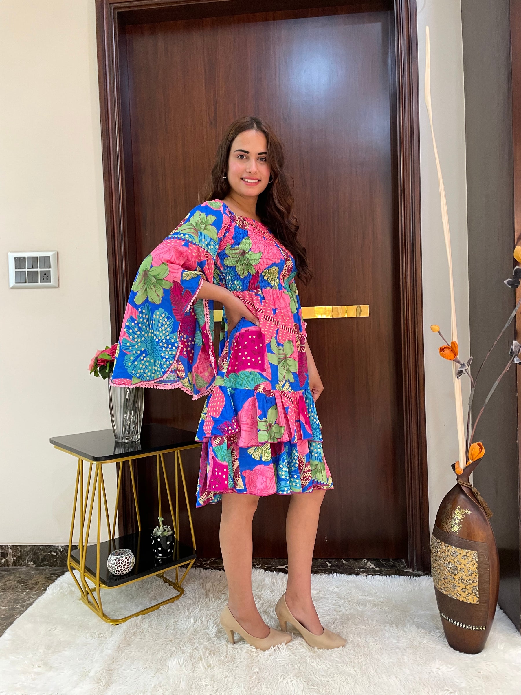 Elasticated Bust Bell Sleeves Boho Printed Short Dress - Blue