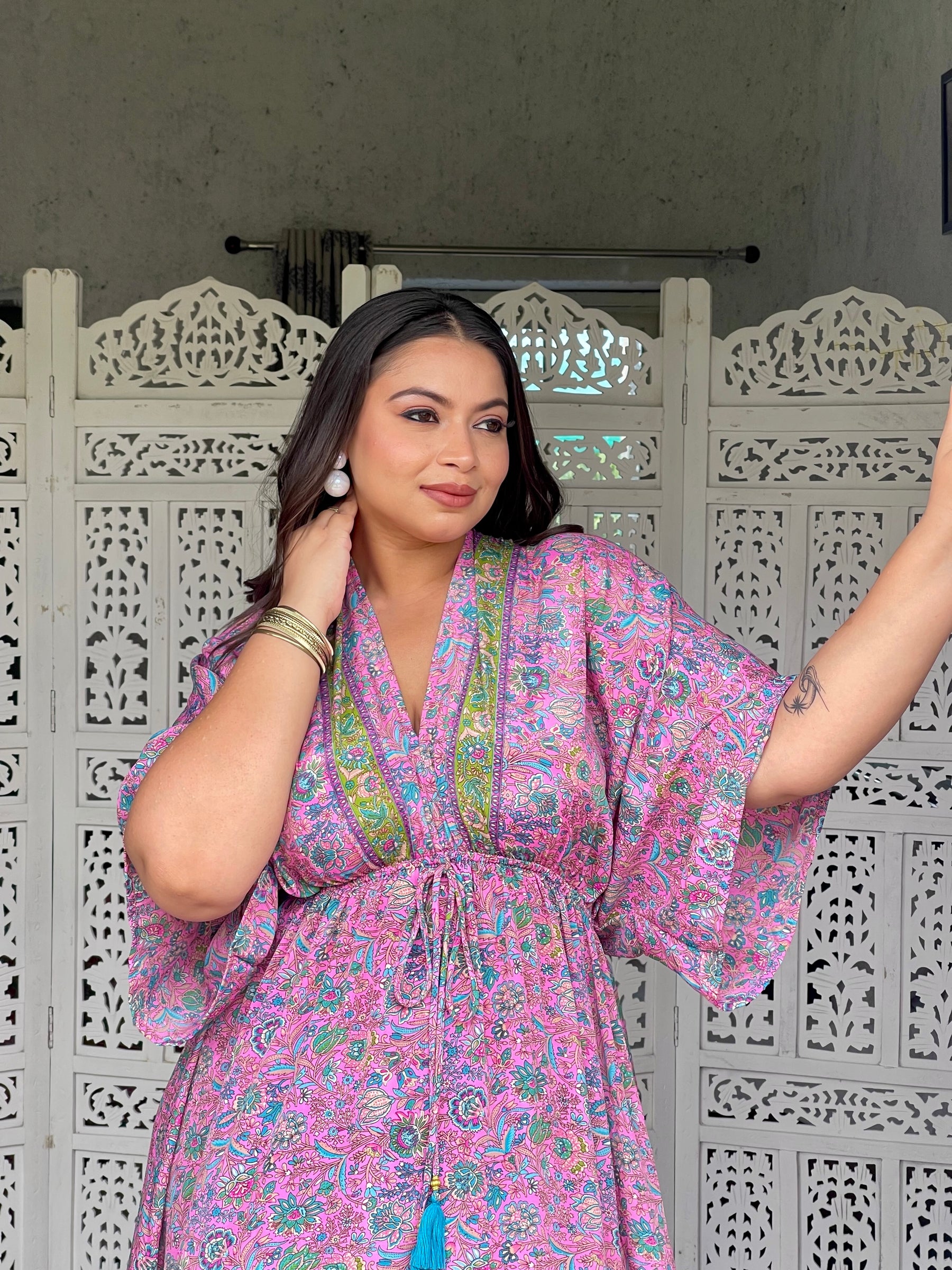 SmisingBee Curve Kaftan Pattern Boho Printed Maxi Dress - Pink Petal