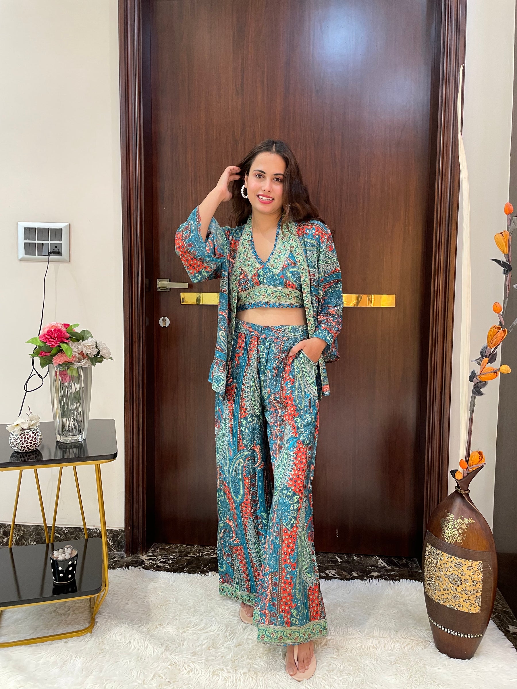 Boho Printed Bell Sleeves Kimono Coordinate Set - Deep Seaglass
