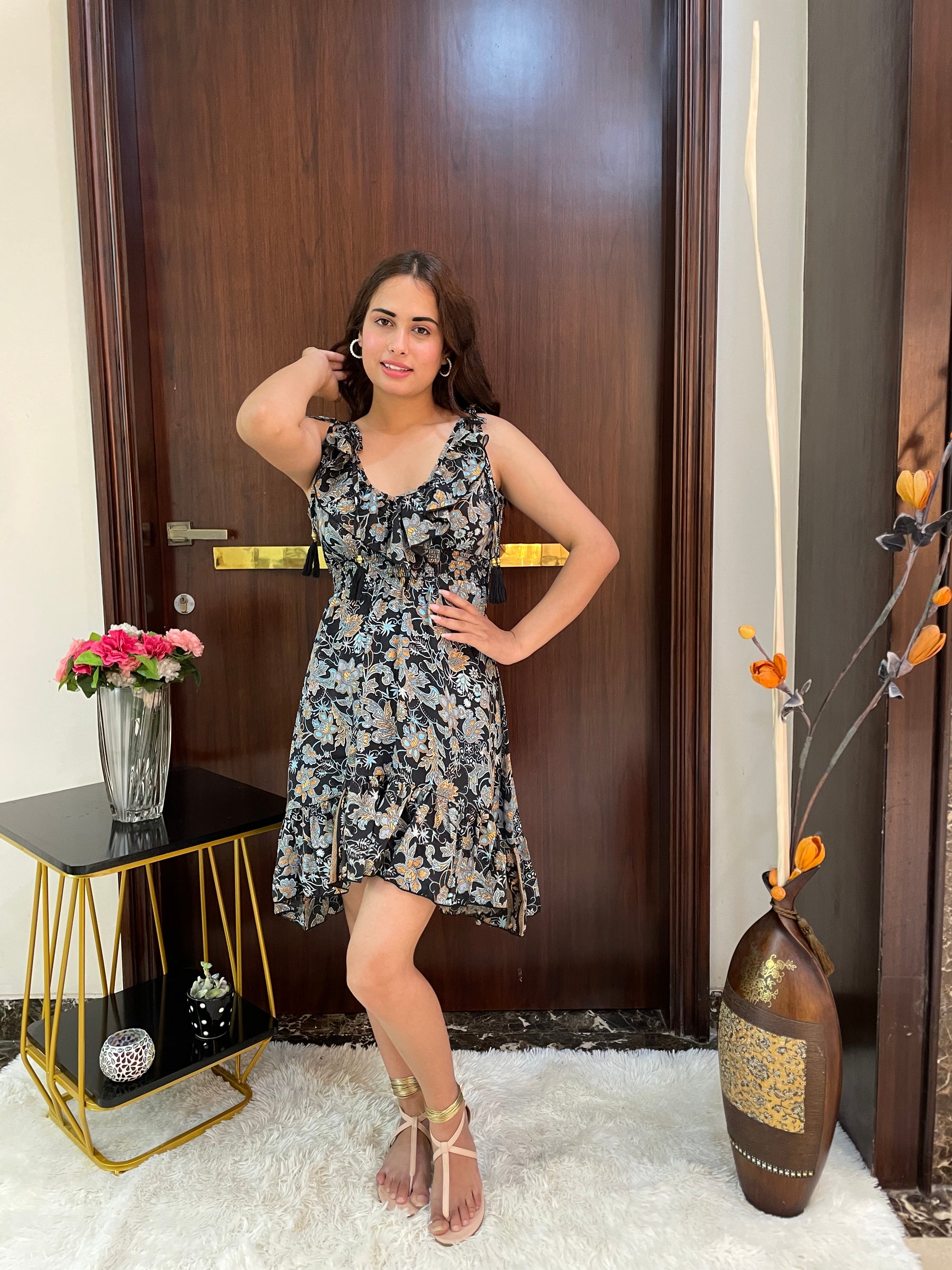 Frilled Flair Boho Printed Short Dress- Black