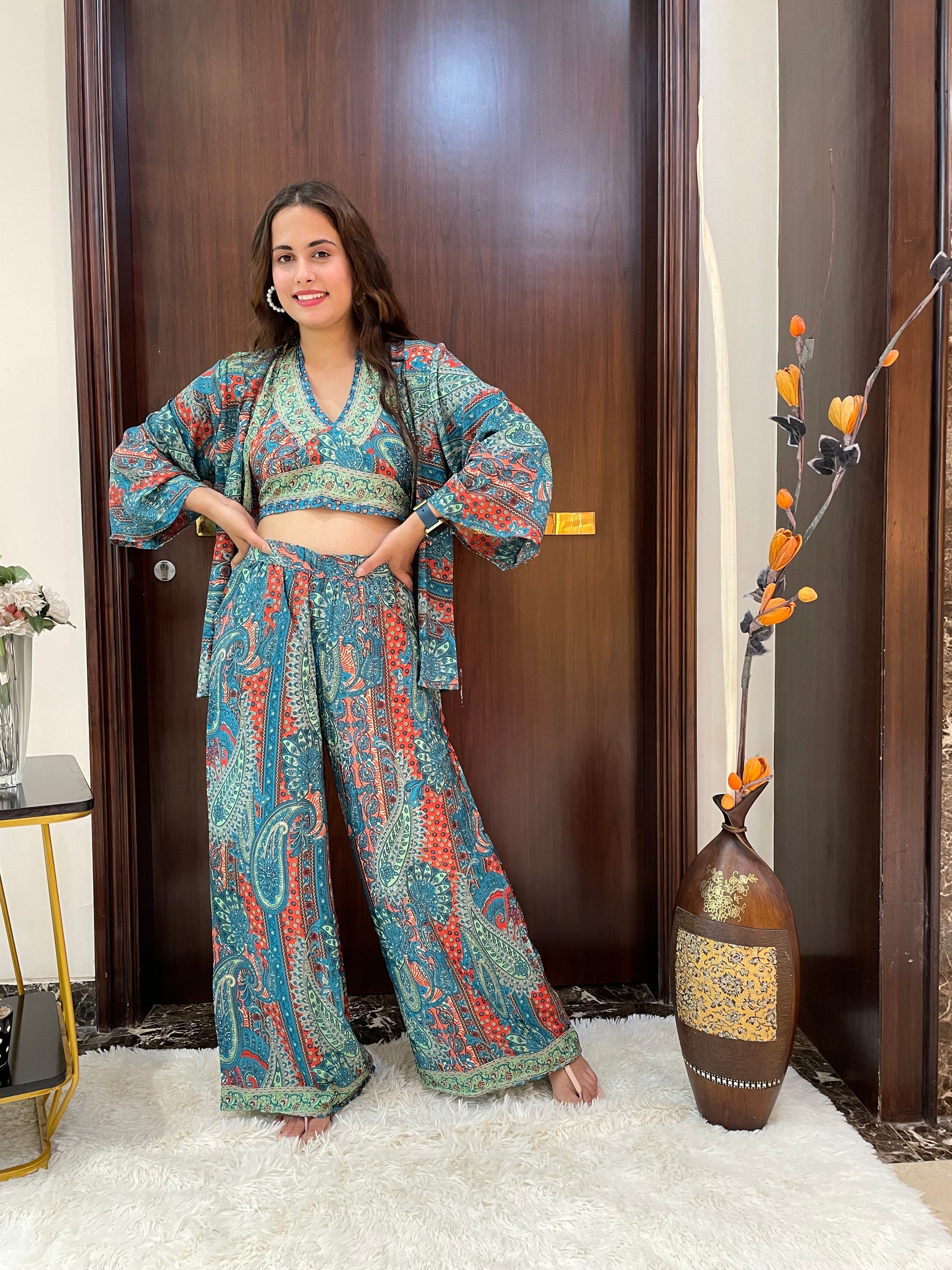 Boho Printed Bell Sleeves Kimono Coordinate Set - Deep Seaglass