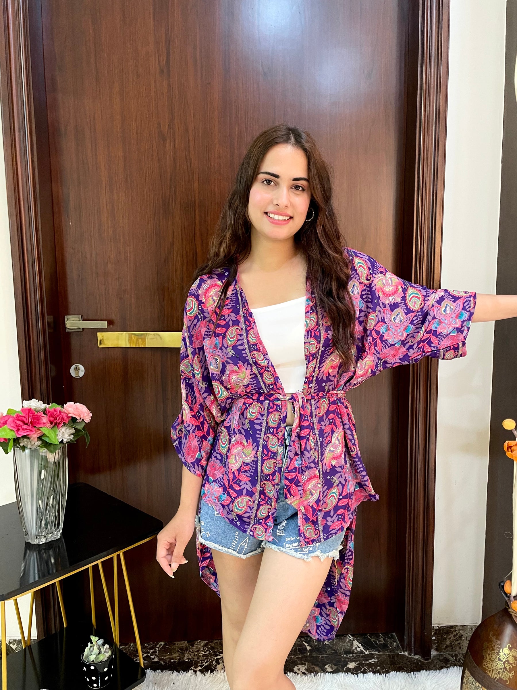 Asymmetric Boho Printed Kimono - Purple Dream