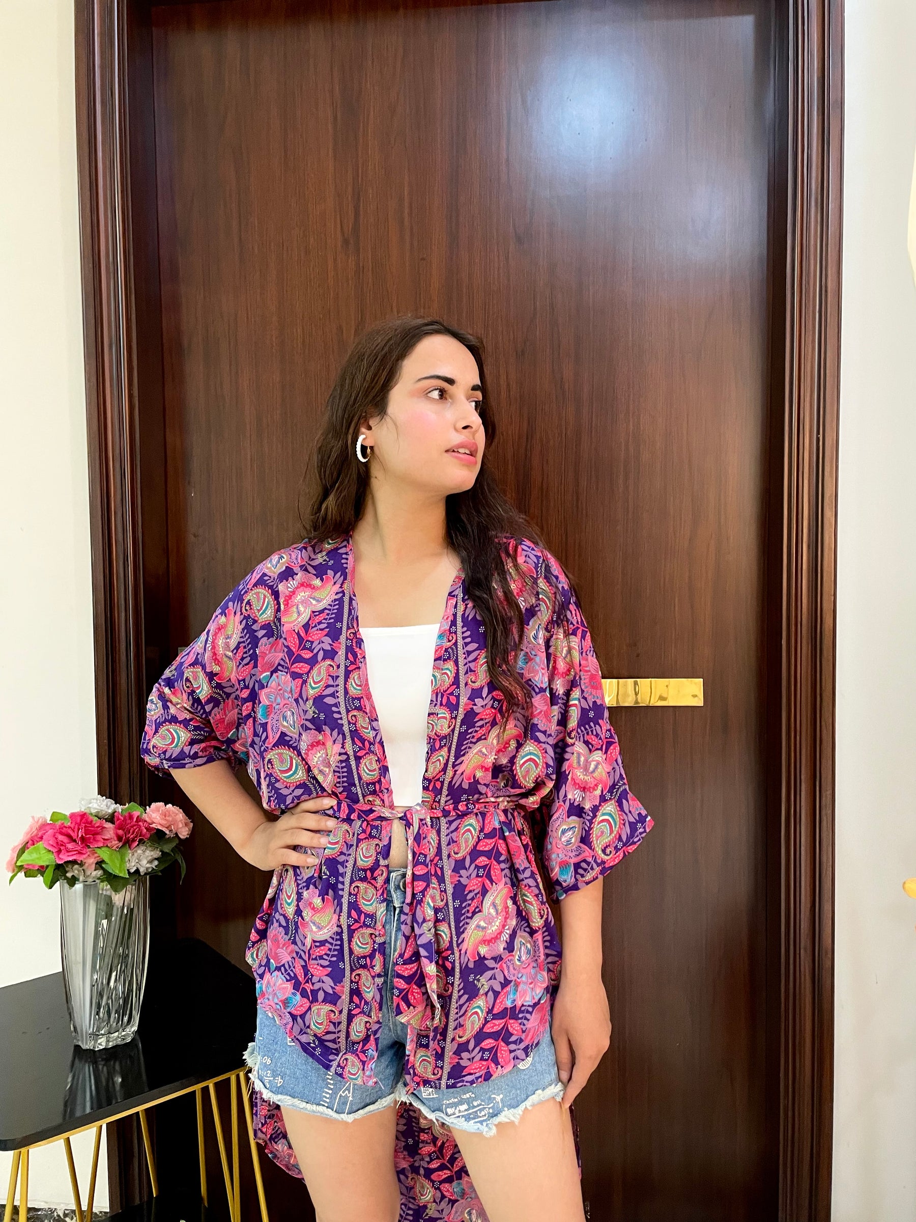 Asymmetric Boho Printed Kimono - Purple Dream