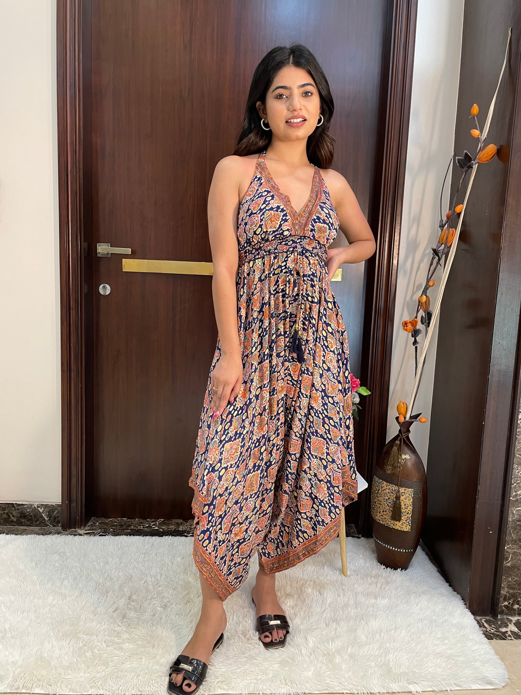 Backless Boho Printed Jumpsuit- Blue