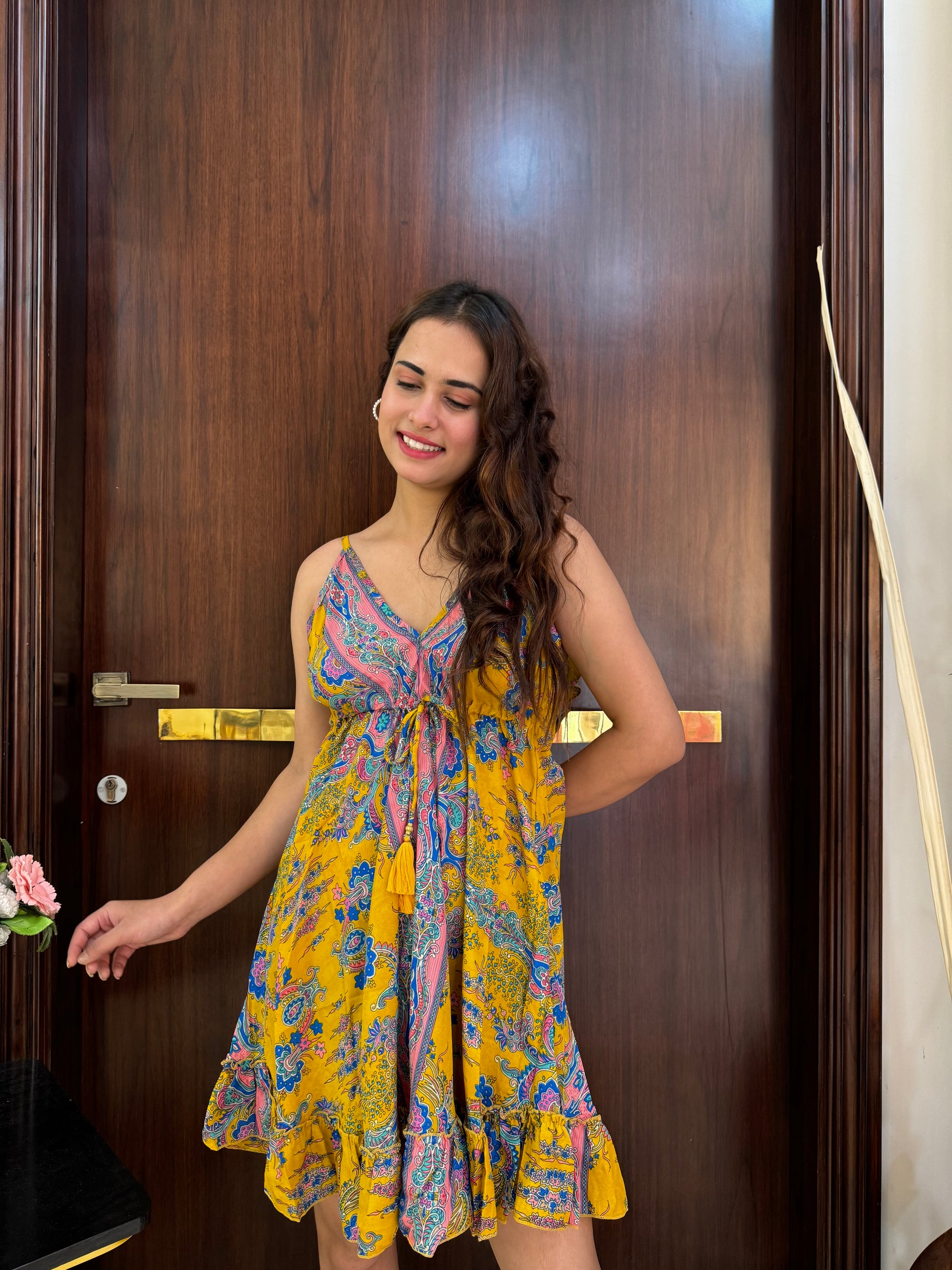 Frilled Flair Back Boho Printed Short Dress-Sunshine Yellow SmisingBee