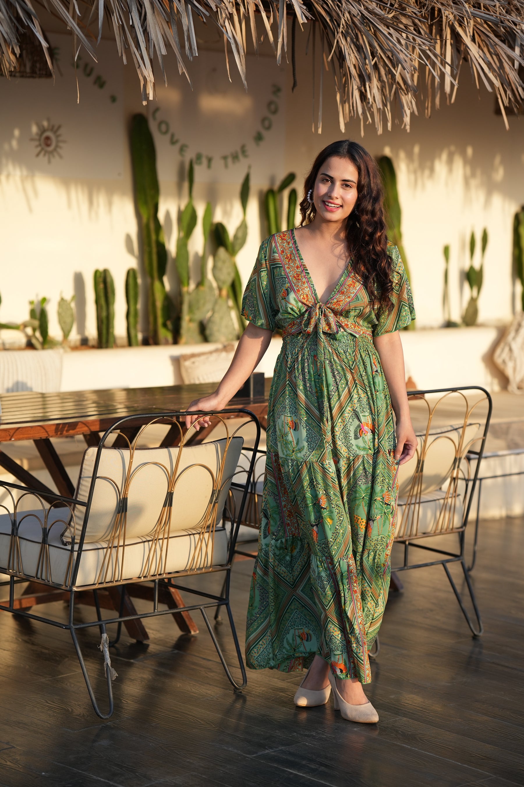 Tie front ruffle hem gold(foil) print featured maxi dress- Garden Smisingbee