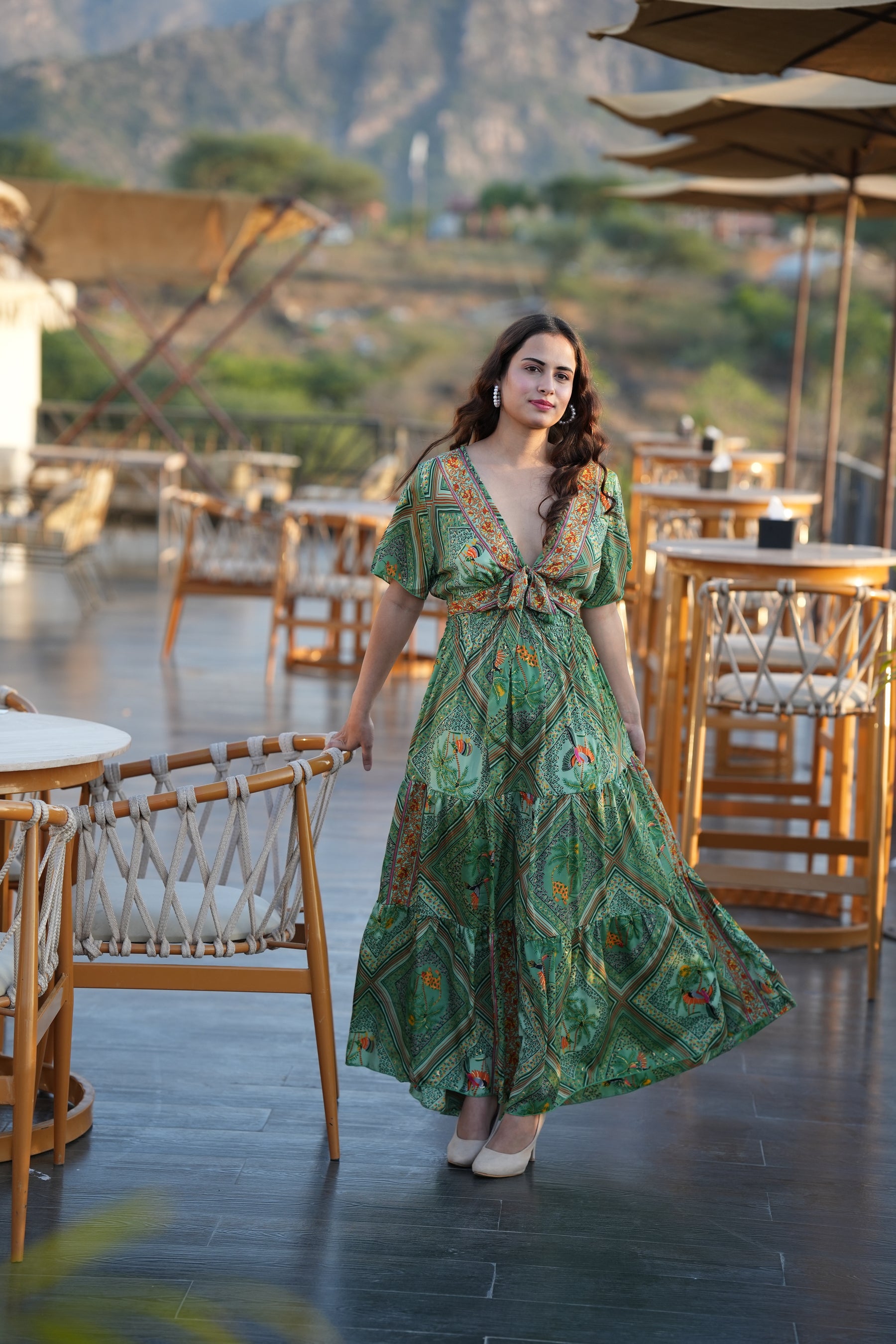 Tie front ruffle hem gold(foil) print featured maxi dress- Garden Smisingbee